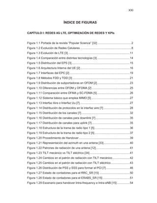 XXI
ÍNDICE DE FIGURAS
CAPÍTULO I: REDES 4G LTE, OPTIMIZACIÓN DE REDES Y KPIs
Figura 1.1 Portada de la revista “Popular Science” [32] .........................................2
Figura 1.2 Evolución de Redes Celulares ..............................................................8
Figura 1.3 Evolución de LTE [3] ...........................................................................11
Figura 1.4 Comparación entre distintas tecnologías [3]........................................14
Figura 1.5 Distribución del EPS [3].......................................................................15
Figura 1.6 Arquitectura Interna del UE [2] ............................................................16
Figura 1.7 Interfaces del EPC [2] .........................................................................19
Figura 1.8 Métodos FDD y TDD [3]......................................................................21
Figura 1.9 Distribución de subportadoras en OFDM [2]........................................23
Figura 1.10 Diferencias entre OFDM y OFDMA [2] ..............................................25
Figura 1.11 Comparación entre OFMA y SC-FDMA [5]........................................26
Figura 1.12 Sistema básico que emplea MIMO [5]...............................................27
Figura 1.13 Interfaz Aire o Interfaz Uu [7].............................................................27
Figura 1.14 Distribución de protocolos en la interfaz aire [7] ................................28
Figura 1.15 Distribución de los canales [7]...........................................................32
Figura 1.16 Distribución de canales para downlink [7]..........................................35
Figura 1.17 Distribución de canales para uplink [7] ..............................................35
Figura 1.18 Estructura de la trama de radio tipo 1 [5]...........................................36
Figura 1.19 Estructura de la trama de radio tipo 2 [5]...........................................37
Figura 1.20 Procedimiento de Handover..............................................................39
Figura 1.21 Representación del azimuth en una antena [33]................................40
Figura 1.22 Patrones de radiación de una antena [12] .........................................41
Figura 1.23 TILT mecánico vs TILT eléctrico [34].................................................41
Figura 1.24 Cambios en el patrón de radiación con TILT mecánico .....................42
Figura 1.25 Cambios en el patrón de radiación con TILT eléctrico.......................43
Figura 1.26 Distribución de PSS y SSS para formar el PCI [7].............................46
Figura 1.27 Estado de contadores para el RRC_SR [15] .....................................50
Figura 1.28 Estado de contadores para el ERABS_SR [15] .................................51
Figura 1.29 Escenario para handover Intra-frequency e Intra-eNB [15]................54
 