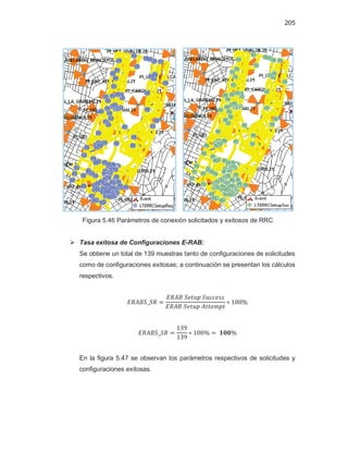 205
Figura 5.46 Parámetros de conexión solicitados y exitosos de RRC
¾ Tasa exitosa de Configuraciones E-RAB:
Se obtiene un total de 139 muestras tanto de configuraciones de solicitudes
como de configuraciones exitosas; a continuación se presentan los cálculos
respectivos.
En la figura 5.47 se observan los parámetros respectivos de solicitudes y
configuraciones exitosas.
 