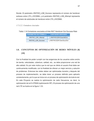 57
Donde: El parámetro IRATHO_L2W_Success representa el número de handover
exitosos entre LTE y WCDMA, y el parámetro IRATHO_L2W_Attempt representa
el número de solicitudes de handover entre LTE y WCDMA.
1.7.3.2.2. Contadores Asociados
Tabla 1.14 Contadores asociados al Inter-RAT Handover Out Success Rate
PARÁMETRO EN FÓRMULA CONTADOR ASOCIADO
IRATHO_L2W_Attempt L.IRATHO.E2W.ExecAttOut
IRATHO_L2W_Success L.IRATHO.E2W.ExecSuccOut
1.8. CONCEPTOS DE OPTIMIZACIÓN DE REDES MÓVILES [8]
[10]
Con la finalidad de poder cumplir con las exigencias de los usuarios sobre ancho
de banda, velocidades, cobertura, calidad, etc., se debe proporcionar una red de
alta calidad. Es por este motivo que la red que se oferta al usuario final debe ser
continuamente modificada, con la finalidad de ofrecer un mejor servicio y solución
de problemas. Entonces las redes deben ser optimizadas durante y después del
proceso de implementación, se debe tener un proceso definido para aplicarlo
constantemente, por lo que se inicia con un proceso de optimización de toda la red.
En este Proyecto se realiza la optimización de radio frecuencia, es decir, la
optimización de la E-UTRAN (optimización RF). El proceso de optimización de una
red LTE se ilustra en la figura 1.33.
 