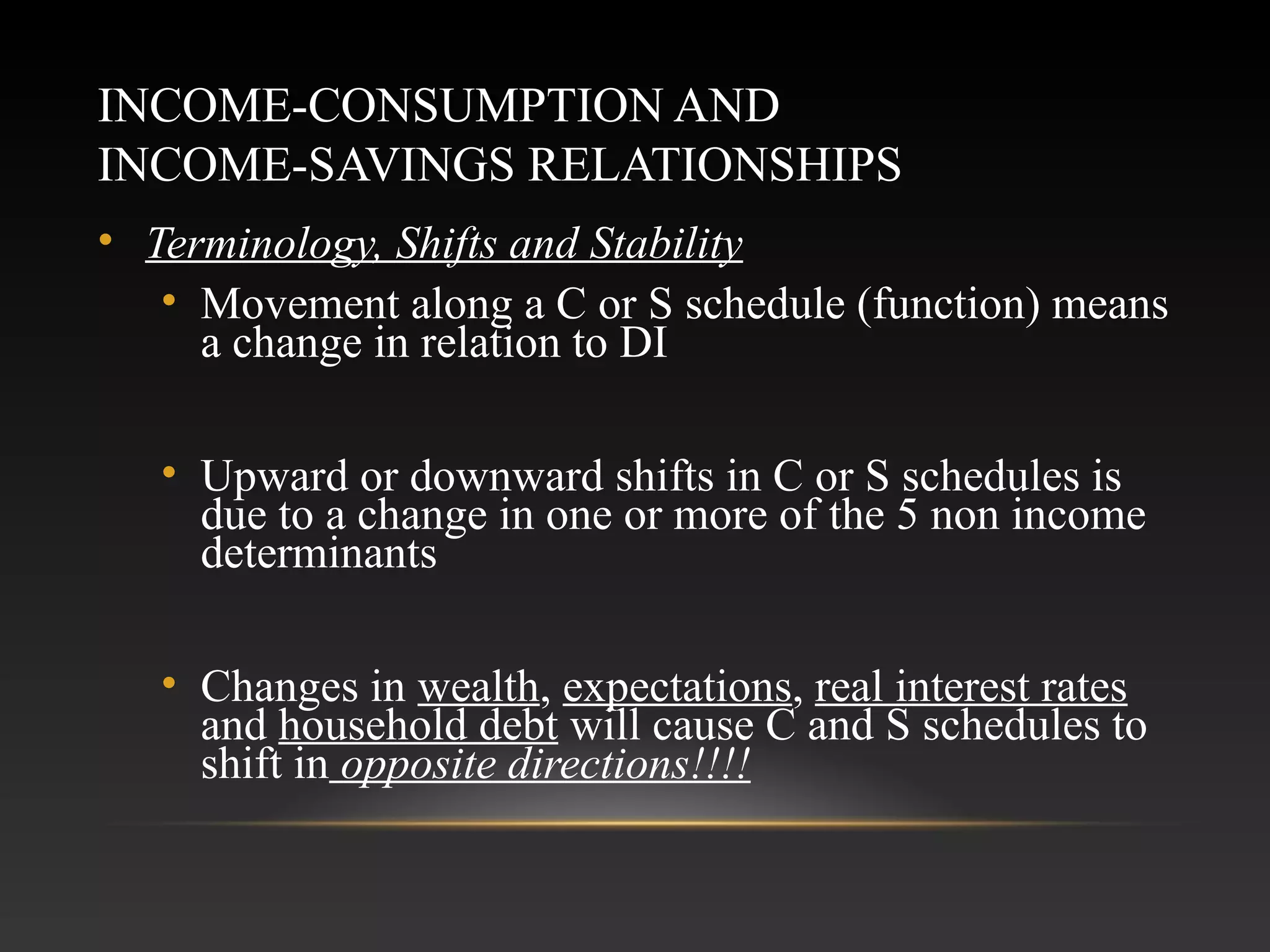 INCOME-CONSUMPTION AND
INCOME-SAVINGS RELATIONSHIPS
• Terminology, Shifts and Stability
• Movement along a C or S schedule (function) means
a change in relation to DI
• Upward or downward shifts in C or S schedules is
due to a change in one or more of the 5 non income
determinants
• Changes in wealth, expectations, real interest rates
and household debt will cause C and S schedules to
shift in opposite directions!!!!

 