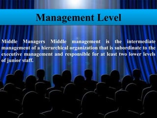 Management Level
Middle Managers Middle management is the intermediate
management of a hierarchical organization that is subordinate to the
executive management and responsible for at least two lower levels
of junior staff.
 