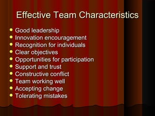 Effective Team CharacteristicsEffective Team Characteristics
 Good leadershipGood leadership
 Innovation encouragementInnovation encouragement
 Recognition for individualsRecognition for individuals
 Clear objectivesClear objectives
 Opportunities for participationOpportunities for participation
 Support and trustSupport and trust
 Constructive conﬂictConstructive conﬂict
 Team working wellTeam working well
 Accepting changeAccepting change
 Tolerating mistakesTolerating mistakes
 