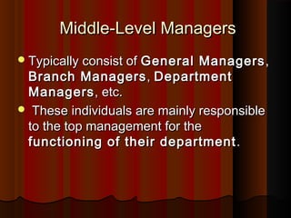 Middle-Level ManagersMiddle-Level Managers
Typically consist ofTypically consist of General ManagersGeneral Managers,,
Branch ManagersBranch Managers,, DepartmentDepartment
ManagersManagers, etc., etc.
 These individuals are mainly responsibleThese individuals are mainly responsible
to the top management for theto the top management for the
functioning of their departmentfunctioning of their department ..
 