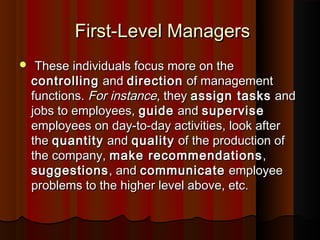 First-Level ManagersFirst-Level Managers
 These individuals focus more on theThese individuals focus more on the
controllingcontrolling andand directiondirection of managementof management
functions.functions. For instanceFor instance, they, they assign tasksassign tasks andand
jobs to employees,jobs to employees, guideguide andand supervisesupervise
employees on day-to-day activities, look afteremployees on day-to-day activities, look after
thethe quantityquantity andand qualityquality of the production ofof the production of
the company,the company, make recommendationsmake recommendations ,,
suggestionssuggestions, and, and communicatecommunicate employeeemployee
problems to the higher level above, etc.problems to the higher level above, etc.
 