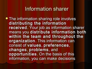 Information sharerInformation sharer
The information sharing role involvesThe information sharing role involves
distributing the informationdistributing the information
receivedreceived. Your job as information sharer. Your job as information sharer
means youmeans you distribute information bothdistribute information both
within the team and throughout thewithin the team and throughout the
organizationorganization. This information can. This information can
consist ofconsist of valuesvalues,, preferencespreferences,,
changeschanges,, problemsproblems, and, and
opportunitiesopportunities. On the basis of this. On the basis of this
information, you can make decisionsinformation, you can make decisions
 