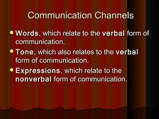 Communication ChannelsCommunication Channels
WordsWords, which relate to the, which relate to the verbalverbal form ofform of
communication.communication.
ToneTone, which also relates to the, which also relates to the verbalverbal
form of communication.form of communication.
ExpressionsExpressions, which relate to the, which relate to the
nonverbalnonverbal form of communication.form of communication.
 