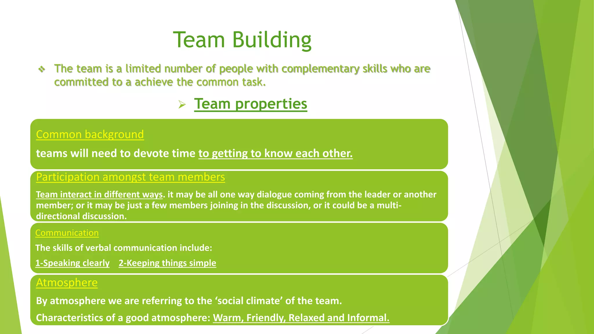 Team Building 
 The team is a limited number of people with complementary skills who are 
committed to a achieve the common task. 
 Team properties 
Common background 
teams will need to devote time to getting to know each other. 
Participation amongst team members 
Team interact in different ways. it may be all one way dialogue coming from the leader or another 
member; or it may be just a few members joining in the discussion, or it could be a multi-directional 
discussion. 
Communication 
The skills of verbal communication include: 
1-Speaking clearly 2-Keeping things simple 
Atmosphere 
By atmosphere we are referring to the ‘social climate’ of the team. 
Characteristics of a good atmosphere: Warm, Friendly, Relaxed and Informal. 
 
