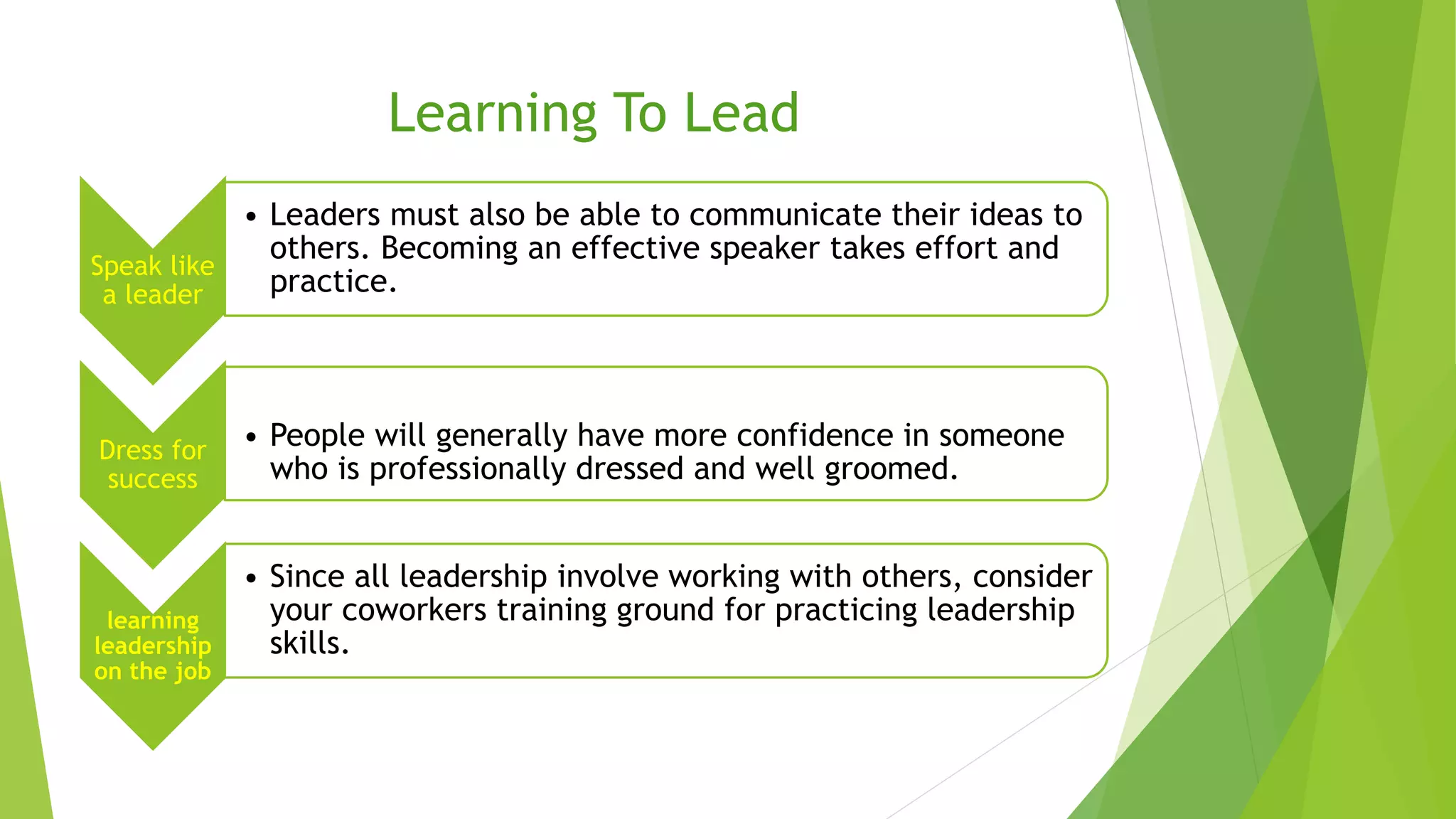 Learning To Lead 
Dress for 
success 
• People will generally have more confidence in someone 
who is professionally dressed and well groomed. 
Speak like 
a leader 
• Leaders must also be able to communicate their ideas to 
others. Becoming an effective speaker takes effort and 
practice. 
learning 
leadership 
on the job 
• Since all leadership involve working with others, consider 
your coworkers training ground for practicing leadership 
skills. 
 