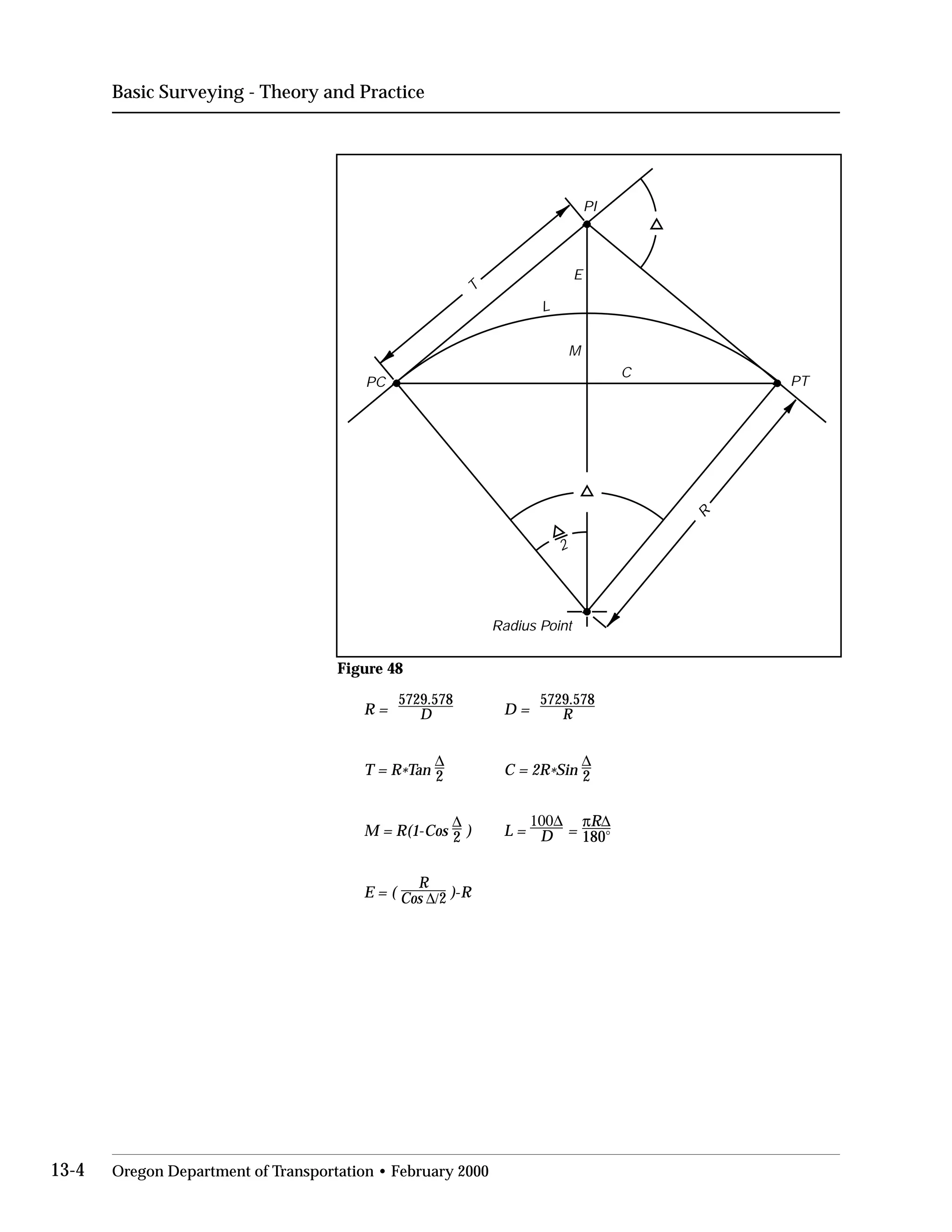 Basic Surveying - Theory and Practice
2
PTPC
PI
E
C
L
T
R
M
Radius Point
Figure 48
5729.578 5729.578
R = D D = R
∆
T = R*Tan 2 C = 2R*Sin
∆
2
M = R(1-Cos
∆ 100∆ πR∆
2 ) L = D = 180°
R
E = ( Cos ∆/2 )-R
13-4 Oregon Department of Transportation • February 2000
 