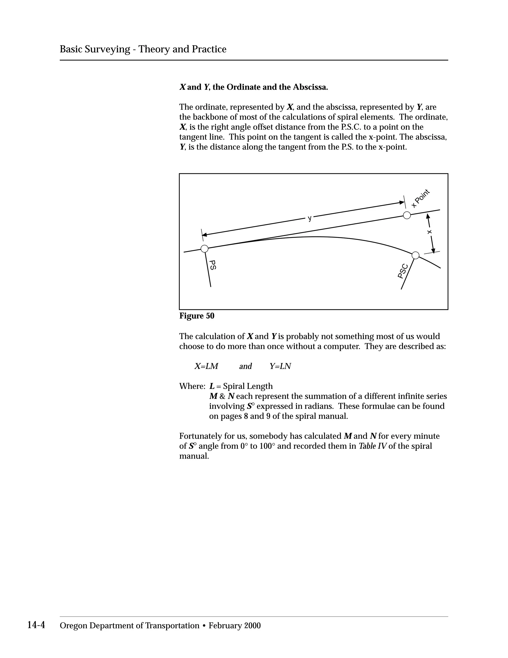 Basic Surveying - Theory and Practice
X and Y, the Ordinate and the Abscissa.
The ordinate, represented by X, and the abscissa, represented by Y, are
the backbone of most of the calculations of spiral elements. The ordinate,
X, is the right angle offset distance from the P.S.C. to a point on the
tangent line. This point on the tangent is called the x-point. The abscissa,
Y, is the distance along the tangent from the P.S. to the x-point.
y
PS
x
x
Point
PSC
Figure 50
The calculation of X and Y is probably not something most of us would
choose to do more than once without a computer. They are described as:
X=LM and Y=LN
Where:	 L = Spiral Length
M & N each represent the summation of a different infinite series
involving S° expressed in radians. These formulae can be found
on pages 8 and 9 of the spiral manual.
Fortunately for us, somebody has calculated M and N for every minute
of S° angle from 0° to 100° and recorded them in Table IV of the spiral
manual.
14-4 Oregon Department of Transportation • February 2000
 