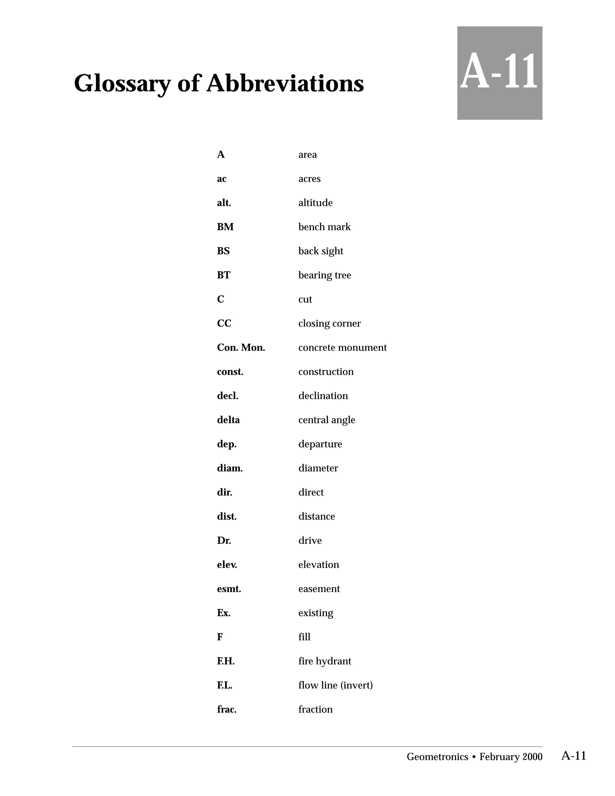 Glossary of Abbreviations

A

ac

alt.

BM

BS

BT

C

CC

Con. Mon.

const.

decl.

delta

dep.

diam.

dir.

dist.

Dr.

elev.

esmt.

Ex.

F

F.H.

F.L.

frac.

A-11
area

acres

altitude

bench mark

back sight

bearing tree

cut

closing corner

concrete monument

construction

declination

central angle

departure

diameter

direct

distance

drive

elevation

easement

existing

fill

fire hydrant

flow line (invert)

fraction

Geometronics • February 2000 A-11
 