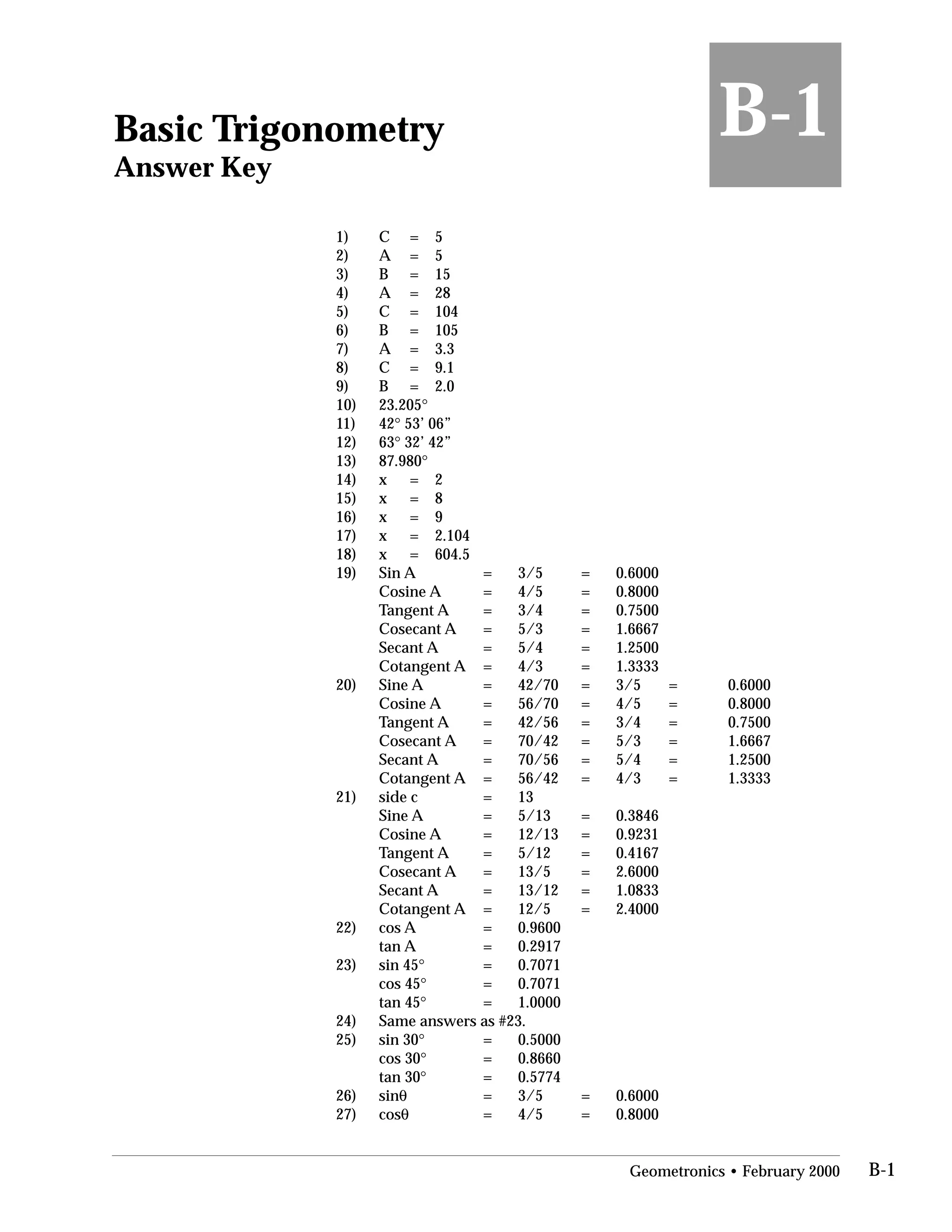 Basic Trigonometry

Answer Key
1)
2)
3)
4)
5)
6)
7)
8)
9)
10)
11)
12)
13)
14)
15)
16)
17)
18)
19)
20)
21)
22)
23)
24)
25)
26)
27)
C = 5

A = 5

B = 15

A = 28

C = 104

B = 105

A = 3.3

C = 9.1

B = 2.0

23.205°

42° 53’ 06”

63° 32’ 42”

87.980°

x = 2

x = 8

x = 9

x = 2.104

x = 604.5

Sin A

Cosine A

Tangent A

Cosecant A

Secant A

Cotangent A

Sine A

Cosine A

Tangent A

Cosecant A

Secant A

Cotangent A

side c

Sine A

Cosine A

Tangent A

Cosecant A

Secant A

Cotangent A

cos A

tan A

sin 45°

cos 45°

tan 45°

B-1
= 3/5 = 0.6000
= 4/5 = 0.8000
= 3/4 = 0.7500
= 5/3 = 1.6667
= 5/4 = 1.2500
= 4/3 = 1.3333
= 42/70 = 3/5 = 0.6000
= 56/70 = 4/5 = 0.8000
= 42/56 = 3/4 = 0.7500
= 70/42 = 5/3 = 1.6667
= 70/56 = 5/4 = 1.2500
= 56/42 = 4/3 = 1.3333
= 13
= 5/13 = 0.3846
= 12/13 = 0.9231
= 5/12 = 0.4167
= 13/5 = 2.6000
= 13/12 = 1.0833
= 12/5 = 2.4000
= 0.9600
= 0.2917
= 0.7071
= 0.7071
= 1.0000
Same answers as #23.
sin 30° = 0.5000
cos 30° = 0.8660
tan 30° = 0.5774
sinθ = 3/5 = 0.6000
cosθ = 4/5 = 0.8000
Geometronics • February 2000 B-1
 