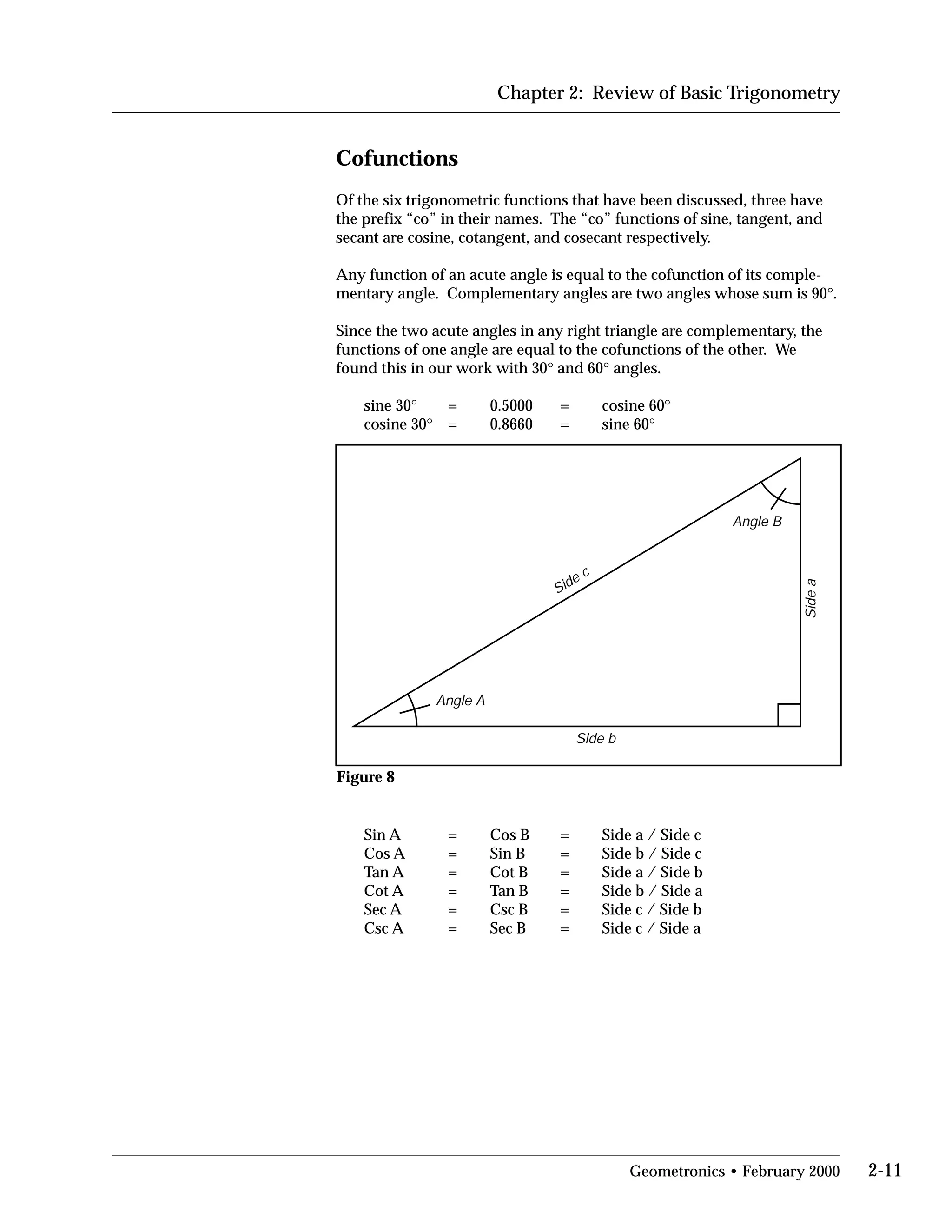 Chapter 2: Review of Basic Trigonometry
Cofunctions
Of the six trigonometric functions that have been discussed, three have
the prefix “co” in their names. The “co” functions of sine, tangent, and
secant are cosine, cotangent, and cosecant respectively.
Any function of an acute angle is equal to the cofunction of its comple­
mentary angle. Complementary angles are two angles whose sum is 90°.
Since the two acute angles in any right triangle are complementary, the
functions of one angle are equal to the cofunctions of the other. We
found this in our work with 30° and 60° angles.
sine 30° = 0.5000 = cosine 60°
cosine 30° = 0.8660 = sine 60°
Angle A
Side c
Side b
Sidea
Angle B
Figure 8
Sin A = Cos B = Side a / Side c
Cos A = Sin B = Side b / Side c
Tan A = Cot B = Side a / Side b
Cot A = Tan B = Side b / Side a
Sec A = Csc B = Side c / Side b
Csc A = Sec B = Side c / Side a
Geometronics • February 2000 2-11
 