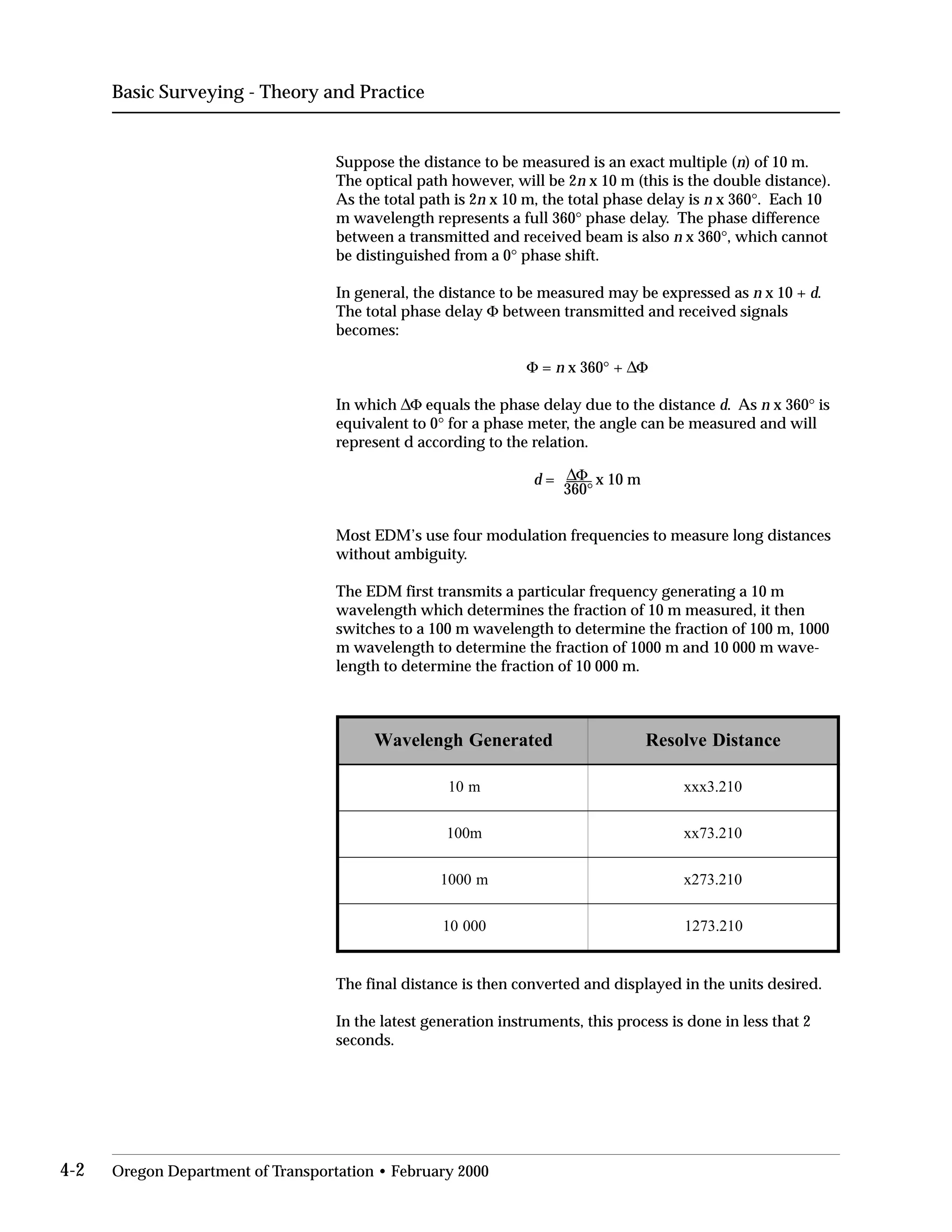 Basic Surveying - Theory and Practice
Suppose the distance to be measured is an exact multiple (n) of 10 m.
The optical path however, will be 2n x 10 m (this is the double distance).
As the total path is 2n x 10 m, the total phase delay is n x 360°. Each 10
m wavelength represents a full 360° phase delay. The phase difference
between a transmitted and received beam is also n x 360°, which cannot
be distinguished from a 0° phase shift.
In general, the distance to be measured may be expressed as n x 10 + d.
The total phase delay Φ between transmitted and received signals
becomes:
Φ = n x 360° + ∆Φ
In which ∆Φ equals the phase delay due to the distance d. As n x 360° is
equivalent to 0° for a phase meter, the angle can be measured and will
represent d according to the relation.
d = 	 ∆Φ x 10 m
360°
Most EDM’s use four modulation frequencies to measure long distances
without ambiguity.
The EDM first transmits a particular frequency generating a 10 m
wavelength which determines the fraction of 10 m measured, it then
switches to a 100 m wavelength to determine the fraction of 100 m, 1000
m wavelength to determine the fraction of 1000 m and 10 000 m wave-
length to determine the fraction of 10 000 m.
detareneGhgnelevaW ecnatsiDevloseR
m01 12.3xxx
m001 12.37xx
m0001 12.372x
00001 12.3721
0
0
0
0
The final distance is then converted and displayed in the units desired.
In the latest generation instruments, this process is done in less that 2
seconds.
4-2 Oregon Department of Transportation • February 2000
 