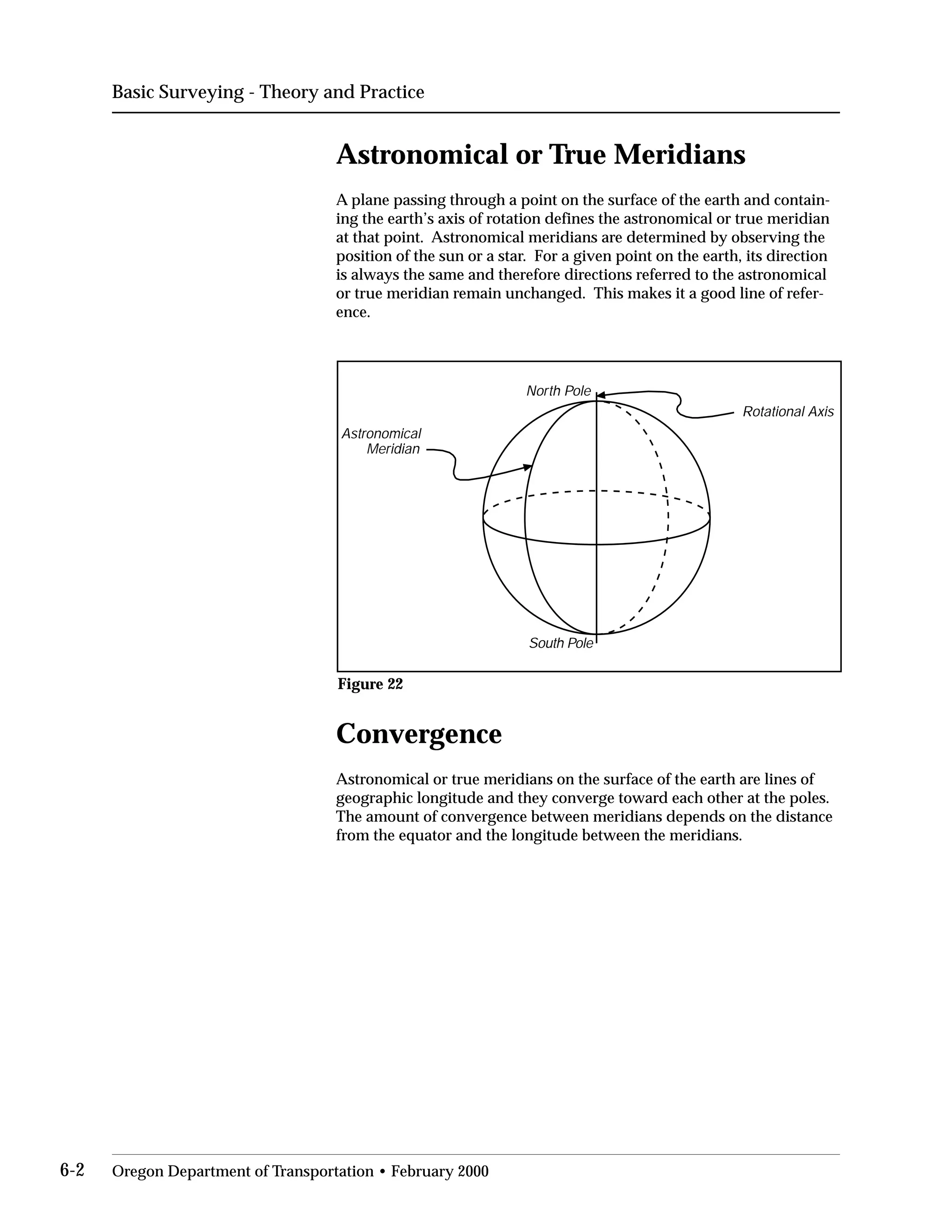 Basic Surveying - Theory and Practice
Astronomical or True Meridians
A plane passing through a point on the surface of the earth and contain­
ing the earth’s axis of rotation defines the astronomical or true meridian
at that point. Astronomical meridians are determined by observing the
position of the sun or a star. For a given point on the earth, its direction
is always the same and therefore directions referred to the astronomical
or true meridian remain unchanged. This makes it a good line of refer­
ence.
Rotational Axis
Astronomical
Meridian
North Pole
South Pole
Figure 22
Convergence
Astronomical or true meridians on the surface of the earth are lines of
geographic longitude and they converge toward each other at the poles.
The amount of convergence between meridians depends on the distance
from the equator and the longitude between the meridians.
6-2 Oregon Department of Transportation • February 2000
 