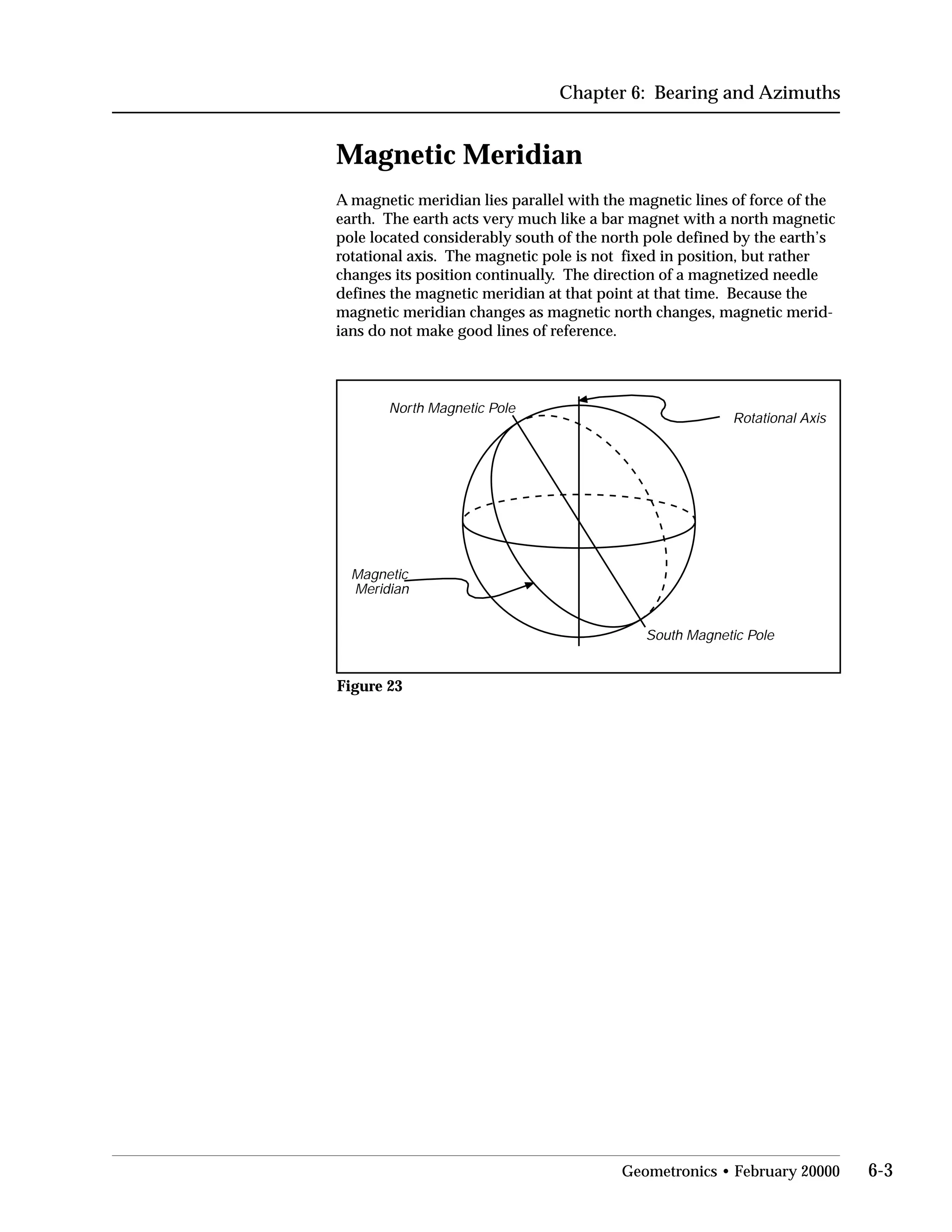 Chapter 6: Bearing and Azimuths
Magnetic Meridian
A magnetic meridian lies parallel with the magnetic lines of force of the
earth. The earth acts very much like a bar magnet with a north magnetic
pole located considerably south of the north pole defined by the earth’s
rotational axis. The magnetic pole is not fixed in position, but rather
changes its position continually. The direction of a magnetized needle
defines the magnetic meridian at that point at that time. Because the
magnetic meridian changes as magnetic north changes, magnetic merid­
ians do not make good lines of reference.
Rotational Axis
North Magnetic Pole
South Magnetic Pole
Magnetic
Meridian
Figure 23
Geometronics • February 20000 6-3
 