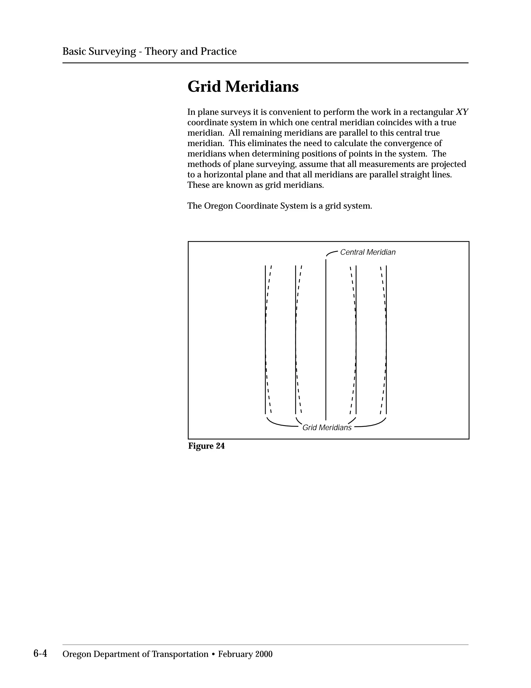 Basic Surveying - Theory and Practice
Grid Meridians
In plane surveys it is convenient to perform the work in a rectangular XY
coordinate system in which one central meridian coincides with a true
meridian. All remaining meridians are parallel to this central true
meridian. This eliminates the need to calculate the convergence of
meridians when determining positions of points in the system. The
methods of plane surveying, assume that all measurements are projected
to a horizontal plane and that all meridians are parallel straight lines.
These are known as grid meridians.
The Oregon Coordinate System is a grid system.
Central Meridian
Grid Meridians
Figure 24
6-4 Oregon Department of Transportation • February 2000
 