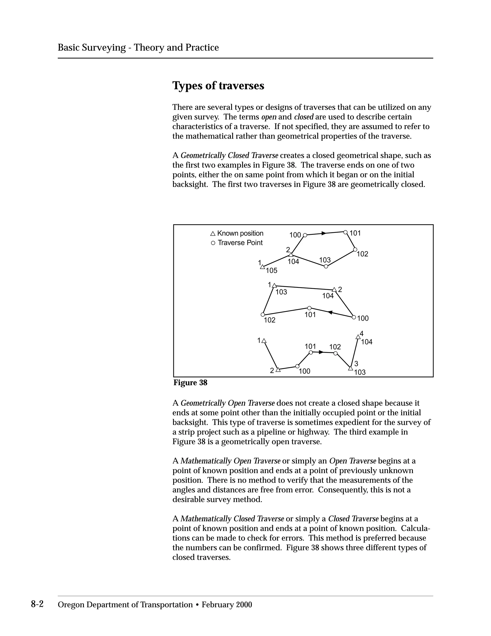 Basic Surveying - Theory and Practice
Types of traverses
There are several types or designs of traverses that can be utilized on any
given survey. The terms open and closed are used to describe certain
characteristics of a traverse. If not specified, they are assumed to refer to
the mathematical rather than geometrical properties of the traverse.
A Geometrically Closed Traverse creates a closed geometrical shape, such as
the first two examples in Figure 38. The traverse ends on one of two
points, either the on same point from which it began or on the initial
backsight. The first two traverses in Figure 38 are geometrically closed.
1
2
1
2
1
2
3
4
100
101 102
100 101
102
103104
105
103
104
104
100
101
102
103
Traverse Point
Known position
Figure 38
A Geometrically Open Traverse does not create a closed shape because it
ends at some point other than the initially occupied point or the initial
backsight. This type of traverse is sometimes expedient for the survey of
a strip project such as a pipeline or highway. The third example in
Figure 38 is a geometrically open traverse.
A Mathematically Open Traverse or simply an Open Traverse begins at a
point of known position and ends at a point of previously unknown
position. There is no method to verify that the measurements of the
angles and distances are free from error. Consequently, this is not a
desirable survey method.
A Mathematically Closed Traverse or simply a Closed Traverse begins at a
point of known position and ends at a point of known position. Calcula­
tions can be made to check for errors. This method is preferred because
the numbers can be confirmed. Figure 38 shows three different types of
closed traverses.
8-2 Oregon Department of Transportation • February 2000
 