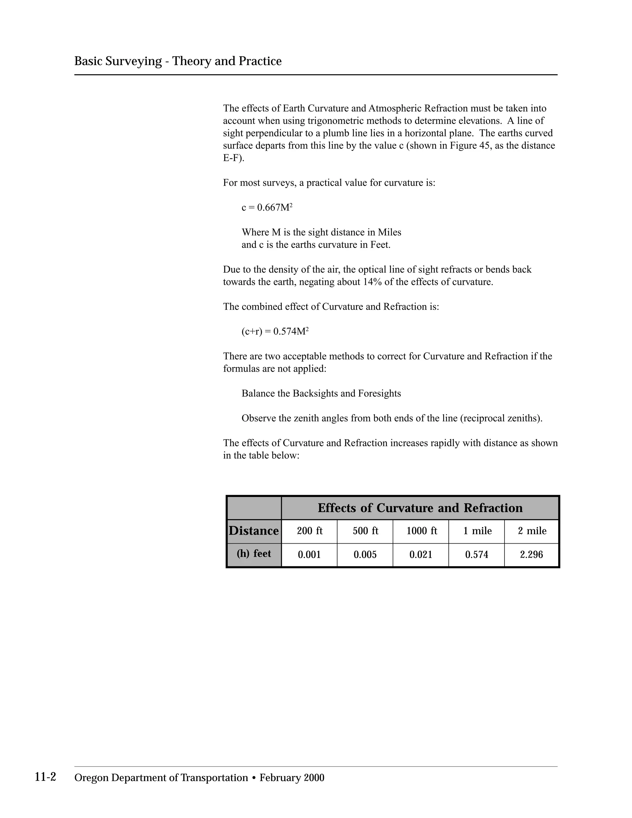 Basic Surveying - Theory and Practice
The effects of Earth Curvature and Atmospheric Refraction must be taken into
account when using trigonometric methods to determine elevations. A line of
sight perpendicular to a plumb line lies in a horizontal plane. The earths curved
surface departs from this line by the value c (shown in Figure 45, as the distance
E-F).
For most surveys, a practical value for curvature is:
c = 0.667M2
Where M is the sight distance in Miles
and c is the earths curvature in Feet.
Due to the density of the air, the optical line of sight refracts or bends back
towards the earth, negating about 14% of the effects of curvature.
The combined effect of Curvature and Refraction is:
(c+r) = 0.574M2
There are two acceptable methods to correct for Curvature and Refraction if the
formulas are not applied:
Balance the Backsights and Foresights
Observe the zenith angles from both ends of the line (reciprocal zeniths).
The effects of Curvature and Refraction increases rapidly with distance as shown
in the table below:
Effects of Curvature and Refraction
Distance 200 ft 500 ft 1000 ft 1 mile 2 mile
(h) feet 0.001 0.005 0.021 0.574 2.296
11-2 Oregon Department of Transportation • February 2000
 