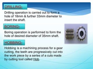 Drilling operation is carried out to form a
hole of 18mm & further 33mm diameter to
insert the shaft.
Boring operation is performed to form the
hole of desired diameter of 35mm shaft.
Hobbing is a machining process for a gear
cutting, the teeth are progressively cut into
the work piece by a series of a cuts made
by cutting tool called Hob.
DRILLING-
BORING-
HOBBING-
 