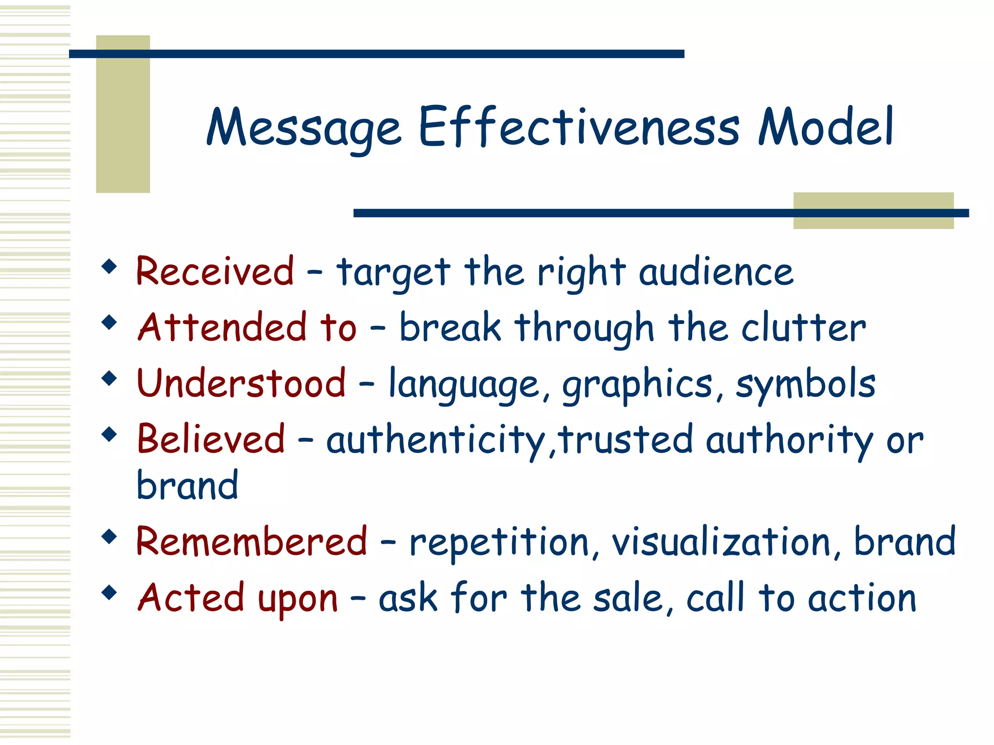 Message Effectiveness Model

 Received – target the right audience
 Attended to – break through the clutter
 Understood – language, graphics, symbols
 Believed – authenticity,trusted authority or
  brand
 Remembered – repetition, visualization, brand
 Acted upon – ask for the sale, call to action
 