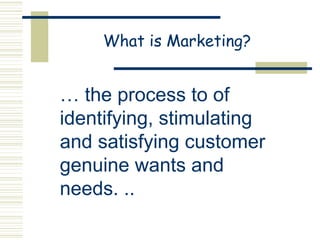 What is Marketing?


… the process to of
identifying, stimulating
and satisfying customer
genuine wants and
needs. ..
 