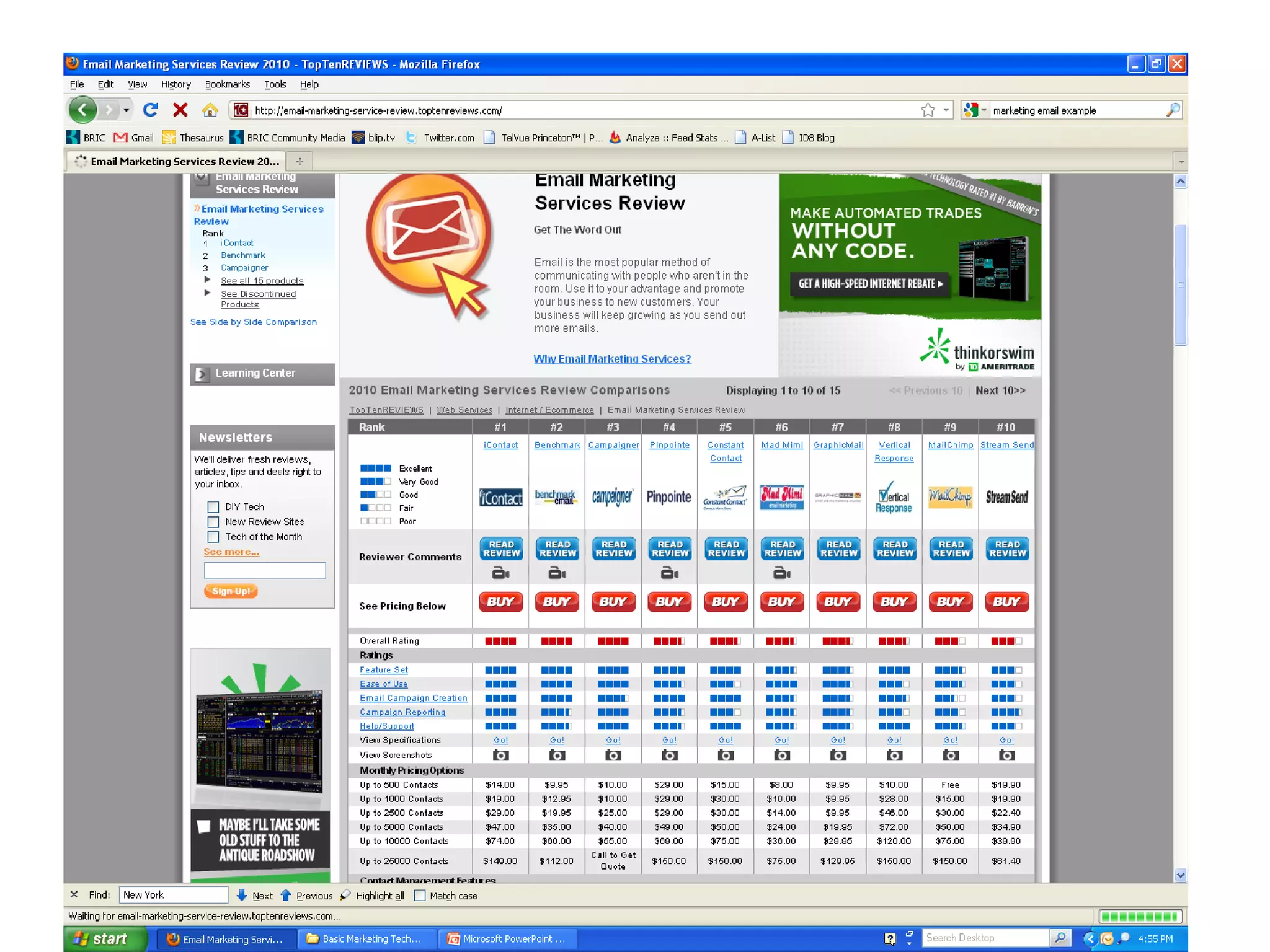  You don’t have to be a web-wiz
                                    to have a good e-blast.
E-Blasts                            Remember, content is key.
Other things to keep in mind.



Services you might look into:
                                                 That being said, if you have some
http://www.aweber.com/
http://www.constantcontact.com/
                                                    web skills, creating an HTML-
http://bronto.com/
http://www.benchmarkemail.com/
                                                    friendly e-blast are best for
                                                    allowing call to actions to occur
See side by side comparisons here:
                                                    via clicks & downloads.
http://email-marketing-service-review.toptenreviews.com/




                                   Look into getting a subscription
                                    to an E-blast service. Get one
                                    with tracking (open rates, unique
                                    opens, click-throughs).
 