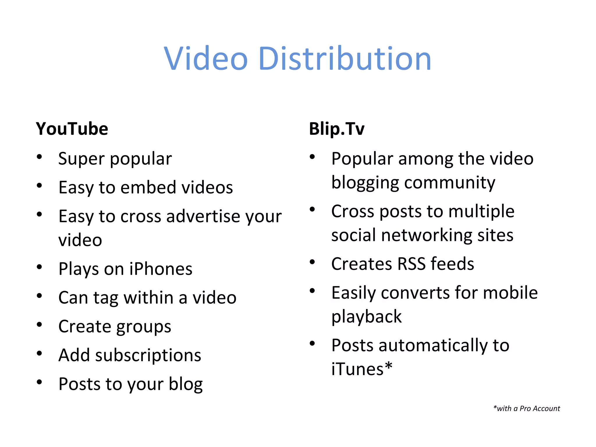 Video Distribution
YouTube                          Blip.Tv
• Super popular                  • Popular among the video
• Easy to embed videos              blogging community
• Easy to cross advertise your   • Cross posts to multiple
  video                             social networking sites
• Plays on iPhones               • Creates RSS feeds
• Can tag within a video         • Easily converts for mobile
• Create groups                     playback
                                 • Posts automatically to
• Add subscriptions
                                    iTunes*
• Posts to your blog
                                                       *with a Pro Account
 