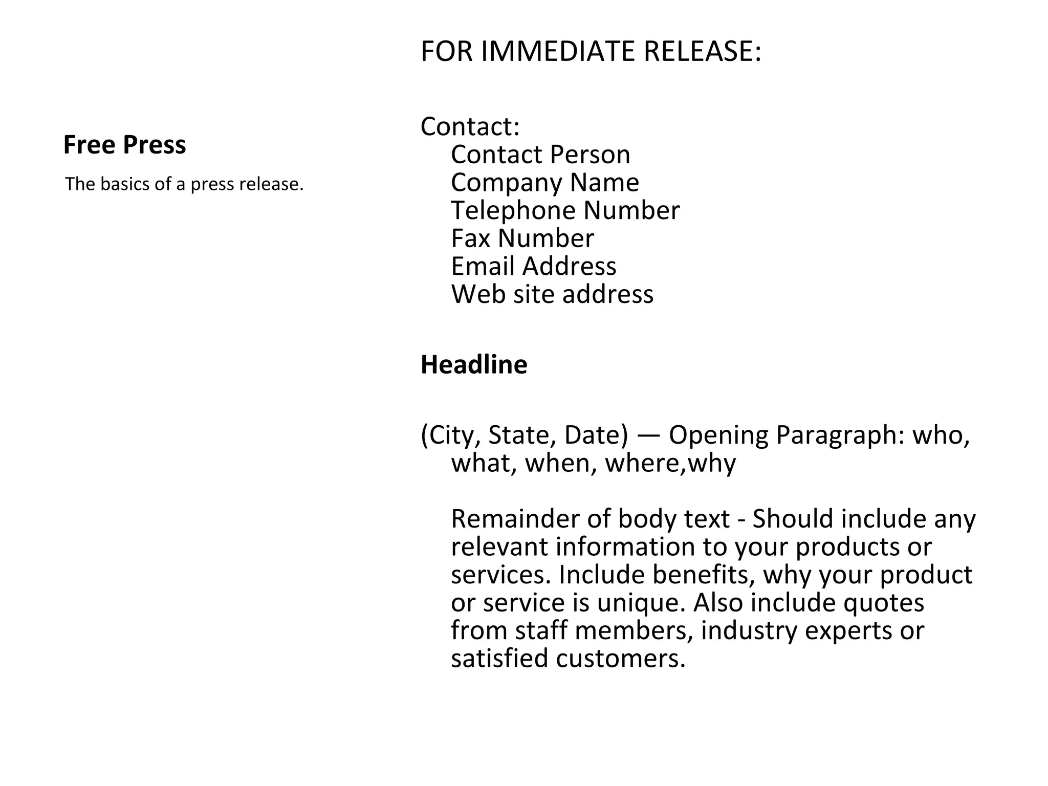 FOR IMMEDIATE RELEASE:

                                 Contact:
Free Press                         Contact Person
The basics of a press release.     Company Name
                                   Telephone Number
                                   Fax Number
                                   Email Address
                                   Web site address

                                 Headline

                                 (City, State, Date) — Opening Paragraph: who,
                                    what, when, where,why
                                   Remainder of body text - Should include any
                                   relevant information to your products or
                                   services. Include benefits, why your product
                                   or service is unique. Also include quotes
                                   from staff members, industry experts or
                                   satisfied customers.
 