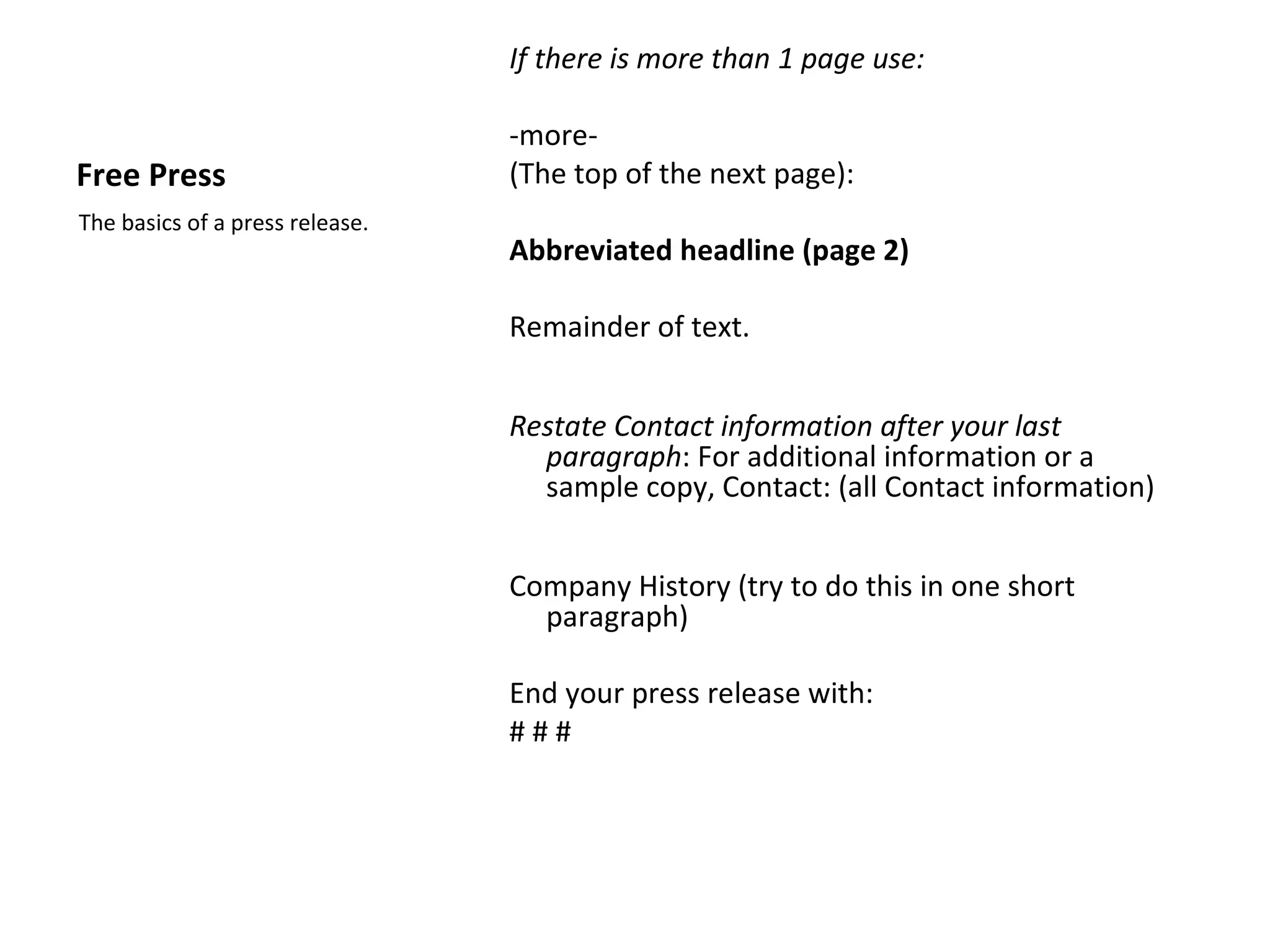 If there is more than 1 page use:

                                 -more-
Free Press                       (The top of the next page):
The basics of a press release.
                                 Abbreviated headline (page 2)

                                 Remainder of text.


                                 Restate Contact information after your last
                                   paragraph: For additional information or a
                                   sample copy, Contact: (all Contact information)


                                 Company History (try to do this in one short
                                   paragraph)

                                 End your press release with:
                                 ###
 
