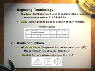 3
1. Beginning Terminology
Arabic number system - 0,1,2,3,4,5,6,7,8,9
• Digits - Name given to place or position of each numeral.
Number Sequence
2. Kinds of numbers
• Whole Numbers - Complete units , no fractional parts. (43)
May be written in form of words. (forty-three)
• Fraction - Part of a whole unit or quantity. (1/2)
• Numbers - Symbol or word used to express value or quantity.Numbers
Digits
Whole Numbers
Fraction
 