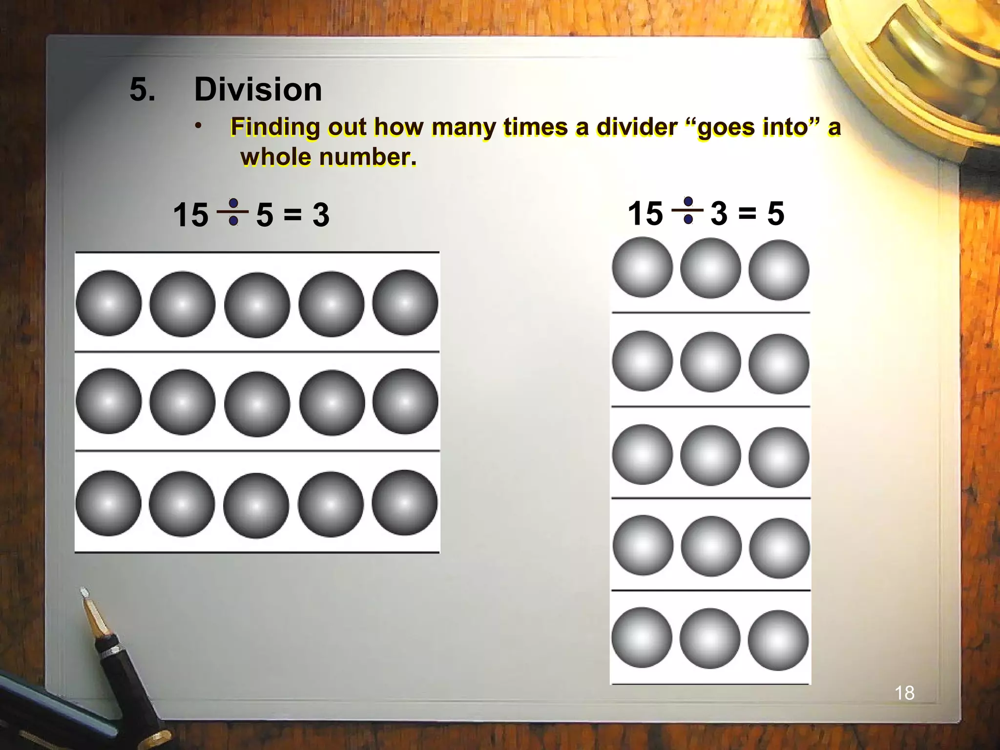 18
Finding out how many times a divider “goes into” a
whole number.
• Finding out how many times a divider “goes into” a
whole number.
5. Division
15 5 = 3 15 3 = 5
 