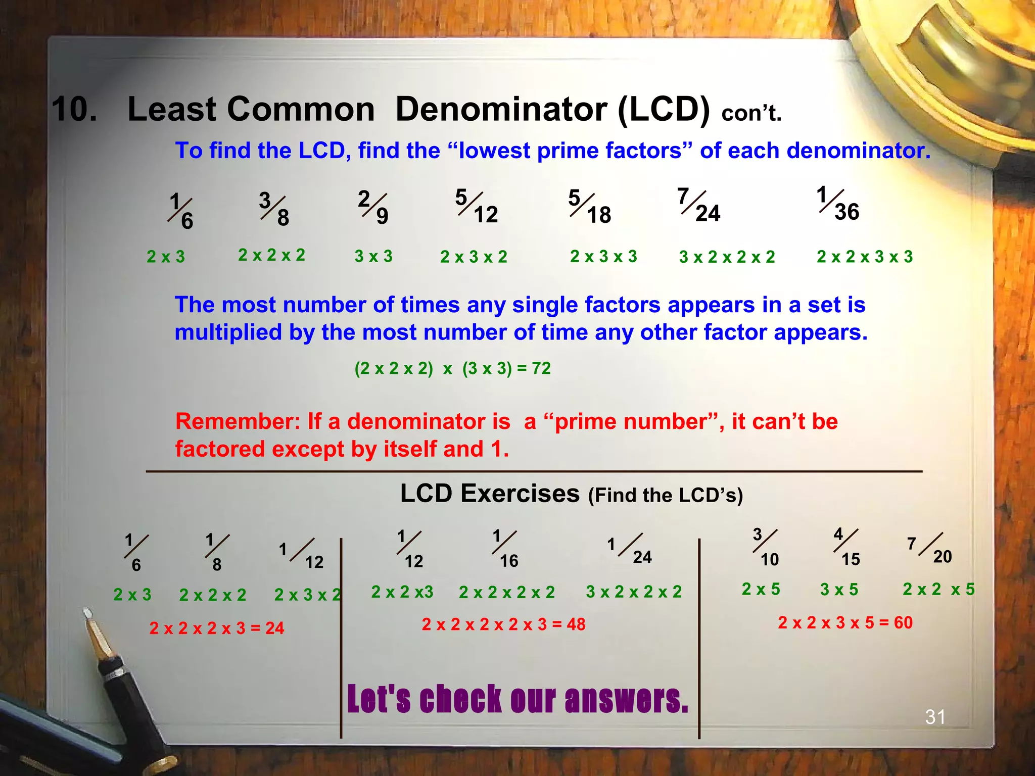 31
The most number of times any single factors appears in a set is
multiplied by the most number of time any other factor appears.
10. Least Common Denominator (LCD) con’t.
To find the LCD, find the “lowest prime factors” of each denominator.
2 x 3 2 x 2 x 2 3 x 3 2 x 3 x 2 2 x 3 x 3 3 x 2 x 2 x 2 2 x 2 x 3 x 3
(2 x 2 x 2) x (3 x 3) = 72
Remember: If a denominator is a “prime number”, it can’t be
factored except by itself and 1.
LCD Exercises (Find the LCD’s)
3
8
2
9
5
12
5
18
7
24
1
361
6
1
6
1
8
1
12
2 x 3 2 x 2 x 2 2 x 3 x 2
2 x 2 x 2 x 3 = 24
1
12
1
16
1
24
2 x 2 x 2 x 2 x 3 = 48
3
10
4
15
7
20
2 x 5 3 x 5 2 x 2 x 5
2 x 2 x 3 x 5 = 60
2 x 2 x3 2 x 2 x 2 x 2 3 x 2 x 2 x 2
 