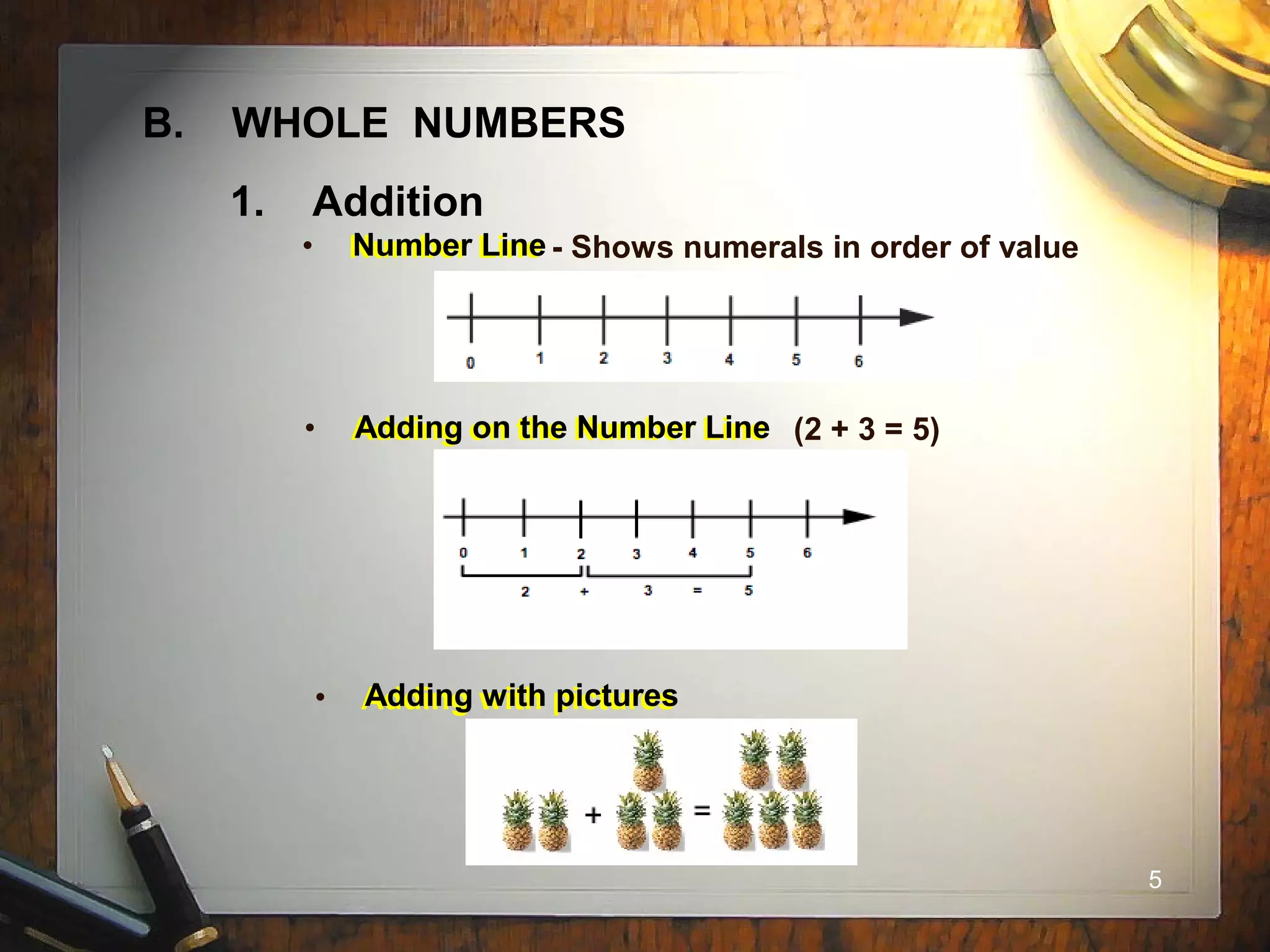 5
• Number Line - Shows numerals in order of value
• Adding on the Number Line (2 + 3 = 5)
• Adding with pictures
B. WHOLE NUMBERS
1. Addition
Number Line
Adding on the Number Line
Adding with pictures
 