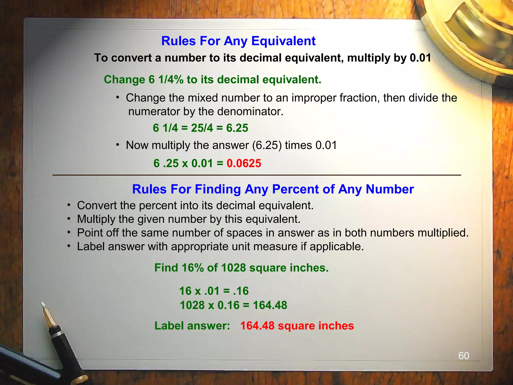 60
Rules For Any Equivalent
To convert a number to its decimal equivalent, multiply by 0.01
Change 6 1/4% to its decimal equivalent.
• Change the mixed number to an improper fraction, then divide the
numerator by the denominator.
6 1/4 = 25/4 = 6.25
• Now multiply the answer (6.25) times 0.01
6 .25 x 0.01 = 0.0625
Rules For Finding Any Percent of Any Number
• Convert the percent into its decimal equivalent.
• Multiply the given number by this equivalent.
• Point off the same number of spaces in answer as in both numbers multiplied.
• Label answer with appropriate unit measure if applicable.
Find 16% of 1028 square inches.
16 x .01 = .16
1028 x 0.16 = 164.48
Label answer: 164.48 square inches
 