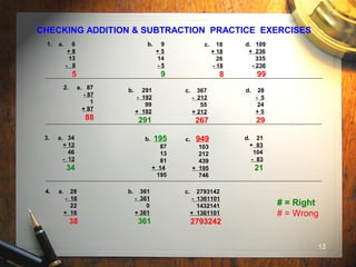 13
CHECKING ADDITION & SUBTRACTION PRACTICE EXERCISES
1. a. 6
+ 8
13
- 8
5
b. 9
+ 5
14
- 5
9
c. 18
+ 18
26
- 18
8
d. 109
+ 236
335
- 236
99
2. a. 87
- 87
1
+ 87
88
b. 291
- 192
99
+ 192
291
c. 367
- 212
55
+ 212
267
d. 28
- 5
24
+ 5
29
3. a. 34
+ 12
46
- 12
34
b. 195
87
13
81
+ 14
195
d. 21
+ 83
104
- 83
21
4. a. 28
- 16
22
+ 16
38
b. 361
- 361
0
+ 361
361
c. 2793142
- 1361101
1432141
+ 1361101
2793242
c. 949
103
212
439
+ 195
746
# = Right
# = Wrong
 