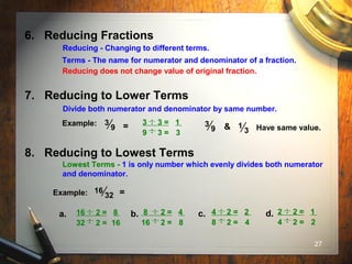 27
6. Reducing Fractions
Terms - The name for numerator and denominator of a fraction.
Reducing - Changing to different terms.
Reducing does not change value of original fraction.
7. Reducing to Lower Terms
Divide both numerator and denominator by same number.
Example:
.
3 3 = 1
9 3 = 3
.
..
3
9 = 3
9 & 1
3 Have same value.
8. Reducing to Lowest Terms
Lowest Terms - 1 is only number which evenly divides both numerator
and denominator.
Example: 16
32 =
.
16 2 = 8
32 2 = 16
.
..
a.
.
8 2 = 4
16 2 = 8
.
..
b.
.
4 2 = 2
8 2 = 4
.
..
c.
.
2 2 = 1
4 2 = 2
.
..
d.
 