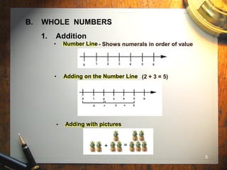5
• Number Line - Shows numerals in order of value
• Adding on the Number Line (2 + 3 = 5)
• Adding with pictures
B. WHOLE NUMBERS
1. Addition
Number Line
Adding on the Number Line
Adding with pictures
 