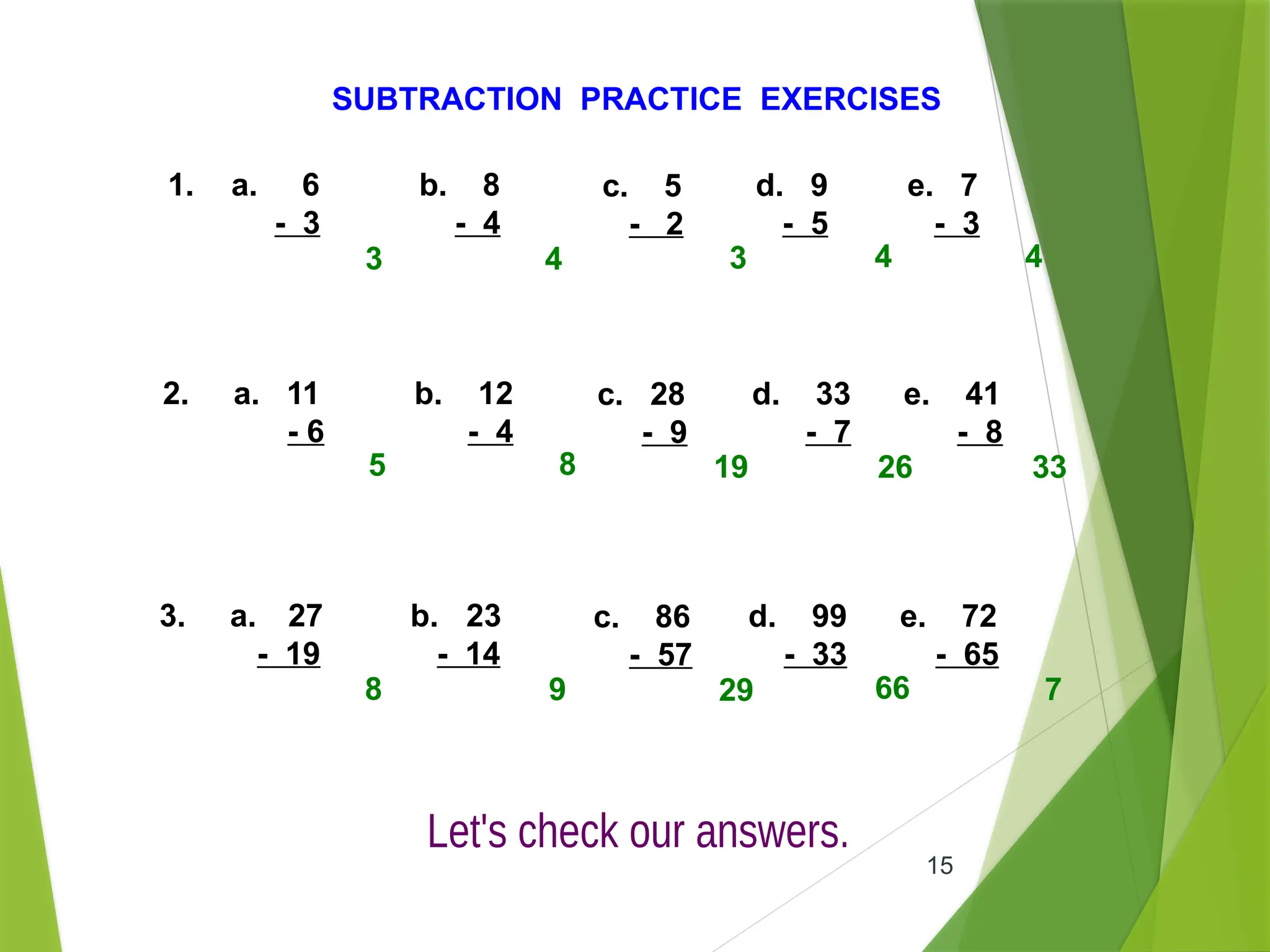 15
SUBTRACTION PRACTICE EXERCISES
1. a. 6
- 3
b. 8
- 4
c. 5
- 2
d. 9
- 5
2. a. 11
- 6
b. 12
- 4
c. 28
- 9
d. 33
- 7
3. a. 27
- 19
b. 23
- 14
c. 86
- 57
d. 99
- 33
3 4 3 4
5 8 19 26
8 9 29 66
e. 7
- 3
e. 41
- 8
e. 72
- 65
4
33
7
 
