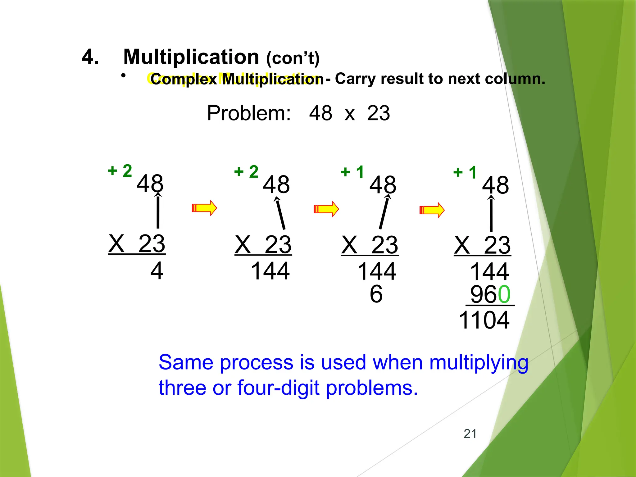 • Complex Multiplication - Carry result to next column.
21
Complex Multiplication
4. Multiplication (con’t)
Problem: 48 x 23
48
X 23
4
+ 2
48
X 23
144
+ 2
48
X 23
144
+ 1
6
48
X 23
144
+ 1
960
1104
Same process is used when multiplying
three or four-digit problems.
 