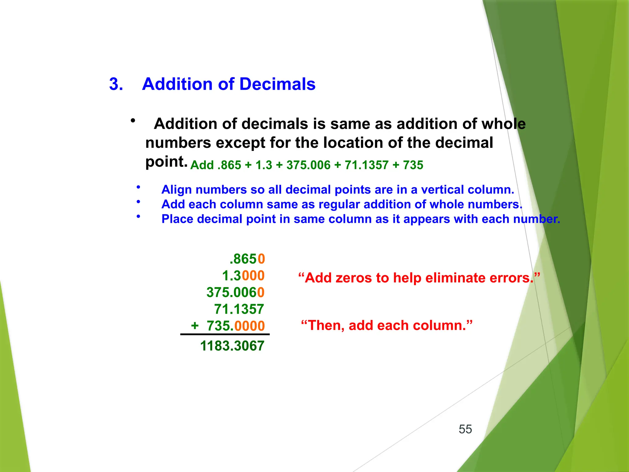 55
3. Addition of Decimals
• Addition of decimals is same as addition of whole
numbers except for the location of the decimal
point.Add .865 + 1.3 + 375.006 + 71.1357 + 735
• Align numbers so all decimal points are in a vertical column.
• Add each column same as regular addition of whole numbers.
• Place decimal point in same column as it appears with each number.
.865
1.3
375.006
71.1357
+ 735.
“Add zeros to help eliminate errors.”
000
0000
0
0
“Then, add each column.”
1183.3067
 