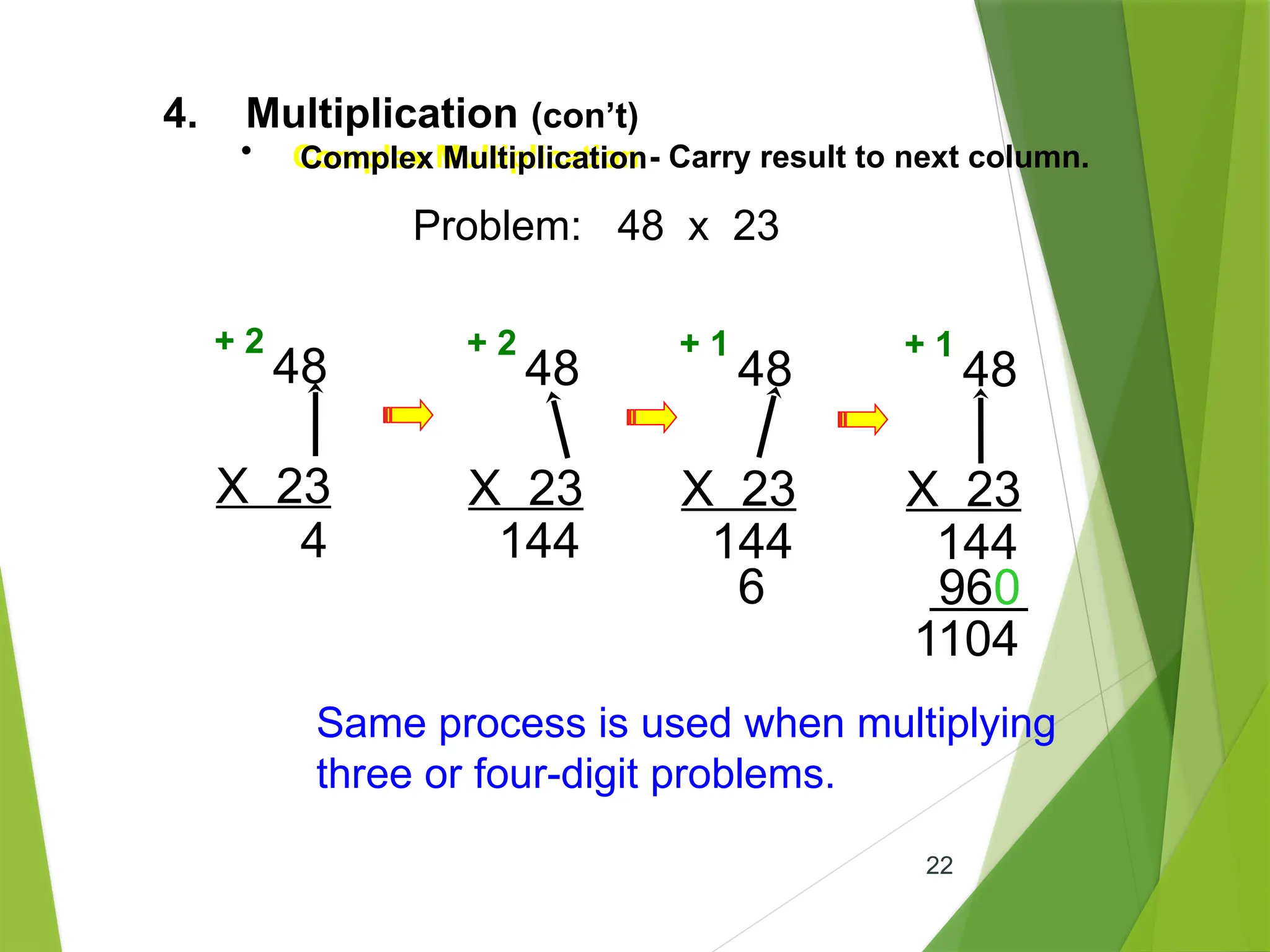 • Complex Multiplication - Carry result to next column.
22
Complex Multiplication
4. Multiplication (con’t)
Problem: 48 x 23
48
X 23
4
+ 2
48
X 23
144
+ 2
48
X 23
144
+ 1
6
48
X 23
144
+ 1
960
1104
Same process is used when multiplying
three or four-digit problems.
 