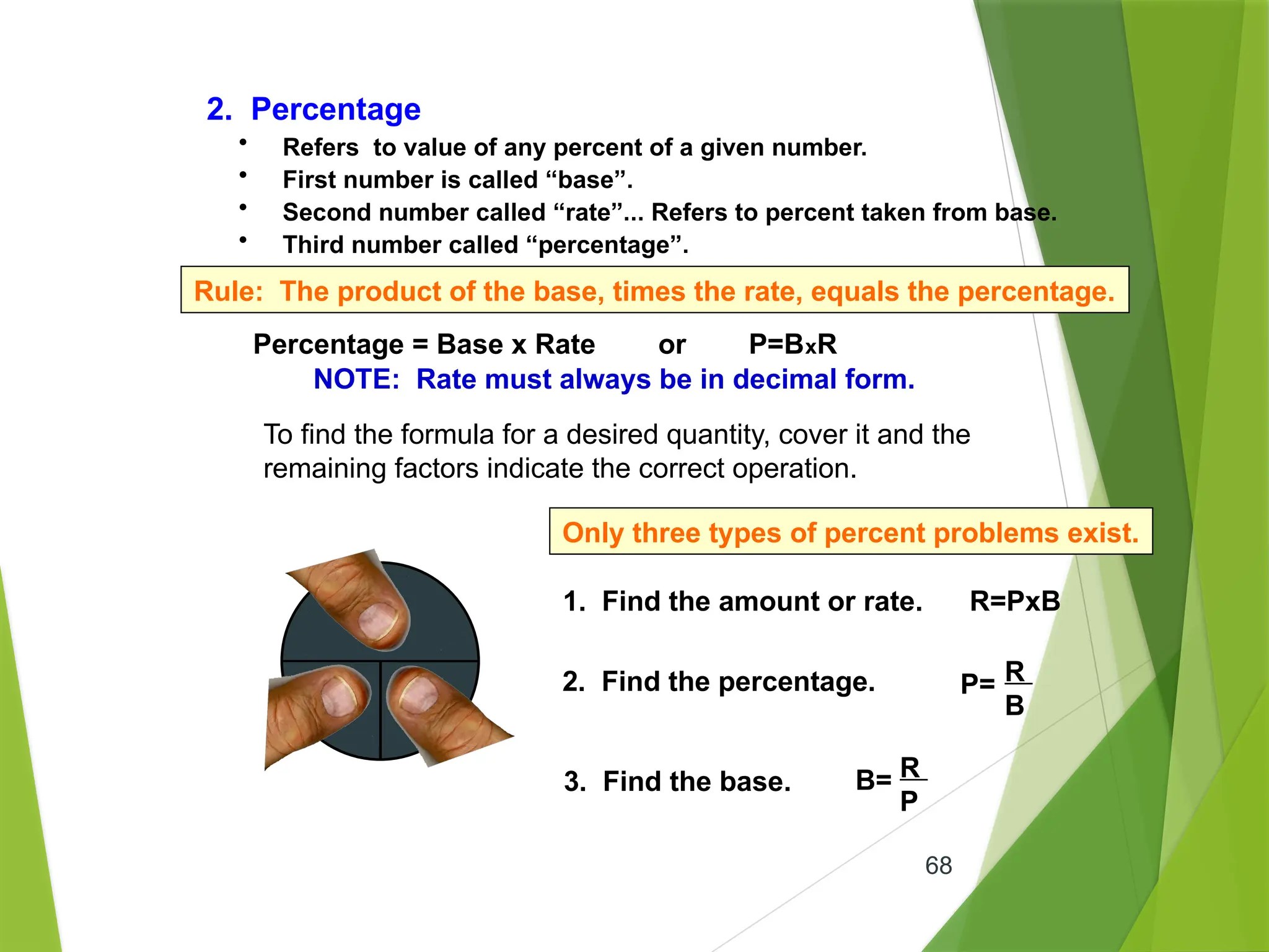 68
2. Percentage
• Refers to value of any percent of a given number.
• First number is called “base”.
• Second number called “rate”... Refers to percent taken from base.
• Third number called “percentage”.
Rule: The product of the base, times the rate, equals the percentage.
Percentage = Base x Rate or P=BxR
NOTE: Rate must always be in decimal form.
To find the formula for a desired quantity, cover it and the
remaining factors indicate the correct operation.
R
P B
Only three types of percent problems exist.
1. Find the amount or rate. R=PxB
2. Find the percentage. P= R
B
3. Find the base. B= R
P
 