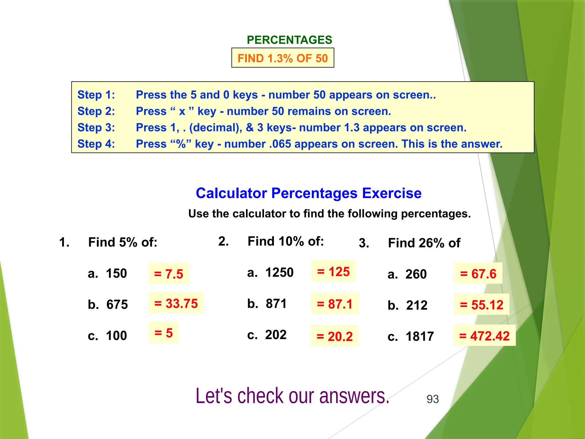 93
PERCENTAGES
FIND 1.3% OF 50
Step 1: Press the 5 and 0 keys - number 50 appears on screen..
Step 2: Press “ x ” key - number 50 remains on screen.
Step 3: Press 1, . (decimal), & 3 keys- number 1.3 appears on screen.
Step 4: Press “%” key - number .065 appears on screen. This is the answer.
Calculator Percentages Exercise
Use the calculator to find the following percentages.
1. Find 5% of:
a. 150
b. 675
c. 100
2. Find 10% of:
a. 1250
b. 871
c. 202
3. Find 26% of
a. 260
b. 212
c. 1817
= 7.5 = 125 = 67.6
= 33.75
= 5
= 87.1
= 20.2
= 55.12
= 472.42
 