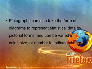 • Pictographs can also take the form of
 diagrams to represent statistical data by
 pictorial forms, and can be varied in
 color, size, or number to indicate change
 