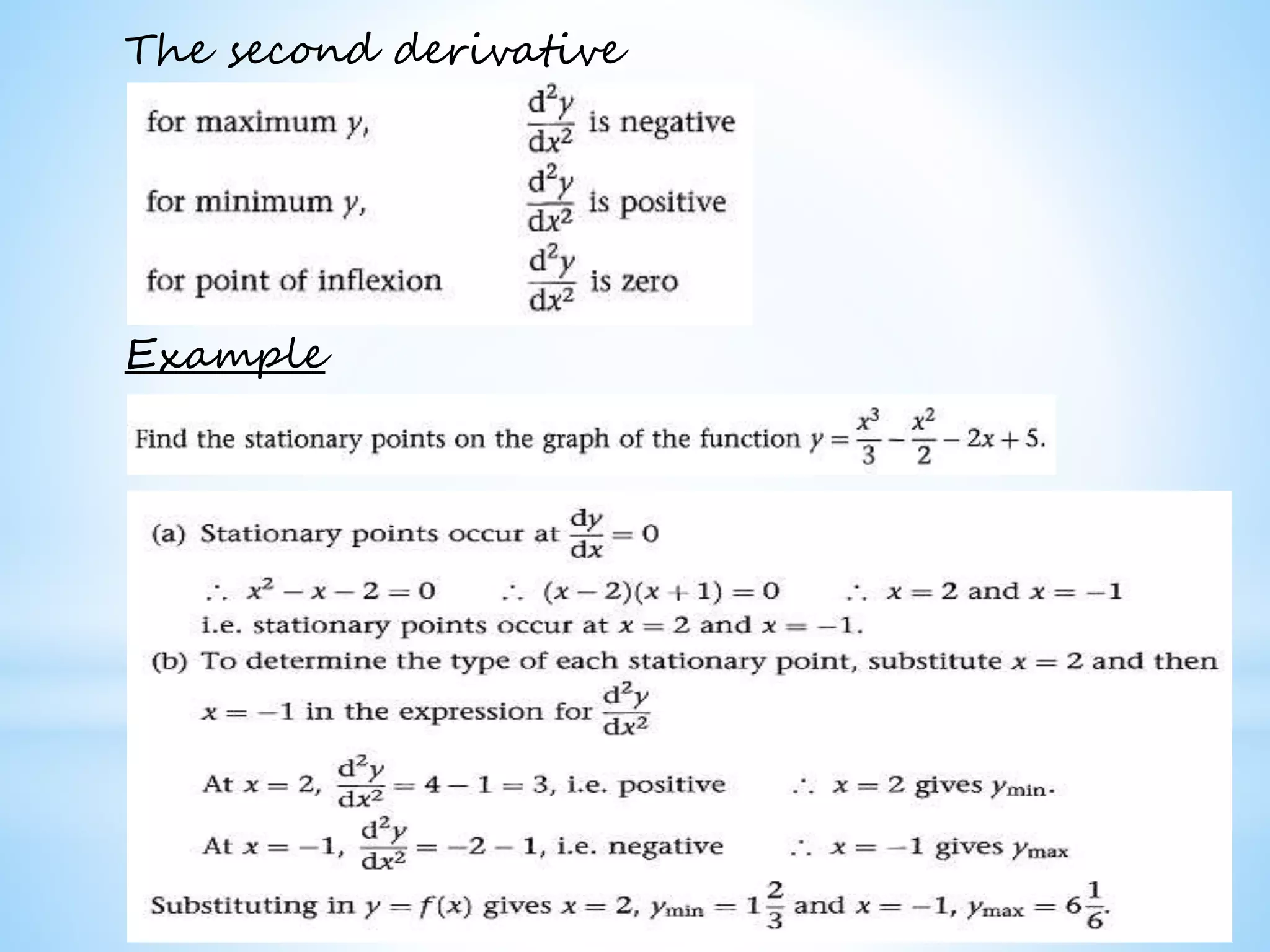 Worked examples and exercises are in the text
The second derivative
Example
 
