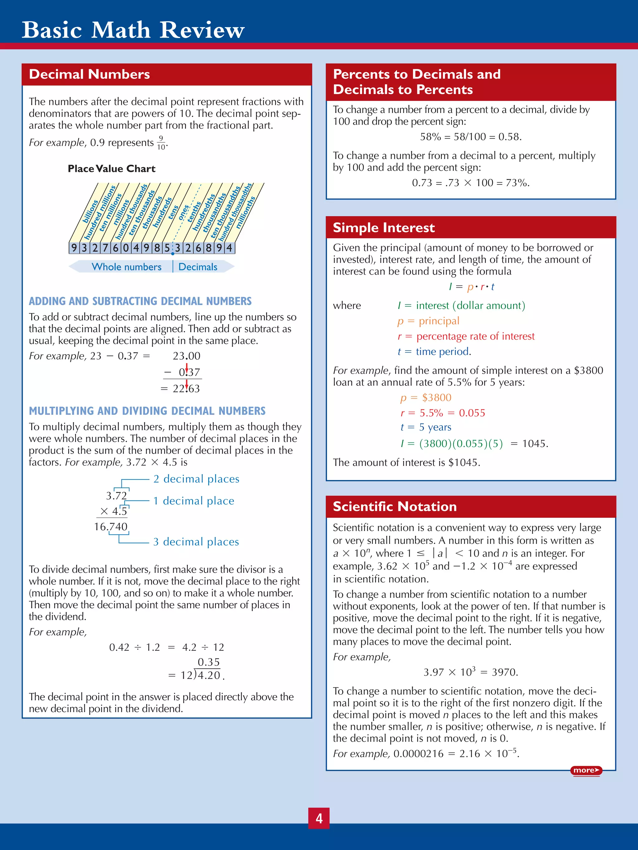 Basic Math Review
4 5 6
Percents to Decimals and
Decimals to Percents
To change a number from a percent to a decimal, divide by
100 and drop the percent sign:
58% = 58/100 = 0.58.
To change a number from a decimal to a percent, multiply
by 100 and add the percent sign:
0.73 = .73 100 = 73%.
Simple Interest
Given the principal (amount of money to be borrowed or
invested), interest rate, and length of time, the amount of
interest can be found using the formula
where
.
For example, find the amount of simple interest on a $3800
loan at an annual rate of 5.5% for 5 years:
.
The amount of interest is $1045.
Scientific Notation
Scientific notation is a convenient way to express very large
or very small numbers. A number in this form is written as
, where and n is an integer. For
example, and are expressed
in scientific notation.
To change a number from scientific notation to a number
without exponents, look at the power of ten. If that number is
positive, move the decimal point to the right. If it is negative,
move the decimal point to the left. The number tells you how
many places to move the decimal point.
For example,
.
To change a number to scientific notation, move the deci-
mal point so it is to the right of the first nonzero digit. If the
decimal point is moved n places to the left and this makes
the number smaller, n is positive; otherwise, n is negative. If
the decimal point is not moved, n is 0.
For example, .0.0000216 = 2.16 * 10-5
3.97 * 103
= 3970
-1.2 * 10-4
3.62 * 105
1 … ƒ a ƒ 6 10a * 10n
I = 13800210.0552152 = 1045
t = 5 years
r = 5.5% = 0.055
p = $3800
t = time period
r = percentage rate of interest
p = principal
I = interest 1dollar amount2
I = p # r # t
*
Decimal Numbers
The numbers after the decimal point represent fractions with
denominators that are powers of 10. The decimal point sep-
arates the whole number part from the fractional part.
For example, 0.9 represents .
ADDING AND SUBTRACTING DECIMAL NUMBERS
To add or subtract decimal numbers, line up the numbers so
that the decimal points are aligned. Then add or subtract as
usual, keeping the decimal point in the same place.
For example,
MULTIPLYING AND DIVIDING DECIMAL NUMBERS
To multiply decimal numbers, multiply them as though they
were whole numbers. The number of decimal places in the
product is the sum of the number of decimal places in the
factors. For example, is
To divide decimal numbers, first make sure the divisor is a
whole number. If it is not, move the decimal place to the right
(multiply by 10, 100, and so on) to make it a whole number.
Then move the decimal point the same number of places in
the dividend.
For example,
.
The decimal point in the answer is placed directly above the
new decimal point in the dividend.
ϭ 12ͤ4.20
0.35
0.42 , 1.2 = 4.2 , 12
2 decimal places
3 decimal places
1 decimal place3.72
ϫ 4.5
16.740
3.72 * 4.5
23.00
Ϫ 0.37
ϭ 22.63
23 - 0.37 =
9
billions
hundredmillions
tenmillionsmillions
hundredthousands
tenthousands
thousands
hundredstens
onestenthshundredths
thousandths
tenthousandths
hundredthousandths
millionths
3 2 7 6 0 4 9 8 5 3 2 6 8 9 4
PlaceValue Chart
Whole numbersWhole numbers Decimals
9
10
more➤
Measurements
U.S. Measurement Units
in. = inch oz = ounce
ft = foot c = cup
min = minute mi = mile
sec = second hr = hour
gal = gallon lb = pound
yd = yard qt = quart
pt = pint T = ton
Metric Units
mm = millimeter
cm = centimeter
km = kilometer
m = meter
mL = milliliter
cL = centiliter
L = liter
kL = kiloliter
mg = milligram
cg = centigram
g = gram
kg = kilogram
U.S. AND METRIC CONVERSIONS
U.S.
12 in. = 1 ft 3 ft = 1 yd
1760 yd = 1 mi 5280 ft = 1 mi
2 c = 1 pt 1 c = 8 oz
4 qt = 1 gal 2 pt = 1 qt
2000 lb = 1 T 16 oz = 1 lb
Metric
1000 mm = 1 m 100 cm = 1 m
1000 m = 1 km 100 cL = 1 L
1000 mL = 1 L 100 cg = 1 g
1000 mg = 1 g 1000 g = 1 kg
0.001 m = 1 mm 0.01 m = 1 cm
0.001 g = 1 mg 0.01 g = 1 cg
0.001 L = 1 mL 0.01 L = 1 cL
Geometry
The perimeter of a geometric figure is the distance around it
or the sum of the lengths of its sides.
The perimeter of a rectangle is 2 times the length plus 2
times the width:
The perimeter of a square is 4 times the length of a side:
Area is always expressed in square units, since it is two-
dimensional.
The formula for area of a rectangle is
.
The formula for area of a square is
or .
The area of a triangle is one-half the product of the height
and base:
The sum of all three angles in any triangle always equals
180 degrees.
A right triangle is a triangle with a (right) angle. The
hypotenuse of a right triangle is the side opposite the right
angle.
hypotenuse
90°
90°
x° + y° + z° = 180°
x
y
z
A =
1
2
b # h
h
b
A = s2
A = s # s
A = L # W
P = 4s
s
s
P = 2L + 2W
L
W
Scientific Notation (continued)
MULTIPLYING AND DIVIDING IN SCIENTIFIC NOTATION
To multiply or divide numbers in scientific notation, we can
change the order and grouping, so that we multiply or divide
first the decimal parts and then the powers of 10. For example,
Statistics
There are several ways to study a list of data.
Mean, or average, is the sum of all the data values divided by
the number of values.
Median is the number that separates the list of data into two
equal parts. To find the median, list the data in order from
smallest to largest. If the number of data is odd, the median is
the middle number. If the number of data is even, the median
is the average of the two middle numbers.
Mode is the number in the list that occurs the most fre-
quently. There can be more than one mode.
For example, consider the following list of test scores:
{87, 56, 69, 87, 93, 82}
To find the mean, first add:
.
Then divide by 6:
.
The mean score is 79.
To find the median, first list the data in order:
56, 69, 82, 87, 87, 93.
Since there is an even number of data, we take the average
of 82 and 87:
.
The median score is 84.5.
The mode is 87, since this number appears twice and each
of the other numbers appears only once.
Distance Formula
Given the rate at which you are traveling and the length of
time you will be traveling, the distance can be found by
using the formula
where
t = time
r = rate
d = distance
d = r # t
82 + 87
2
=
169
2
= 84.5
474
6
= 79
87 + 56 + 69 + 87 + 93 + 82 = 474
= 9.25 * 105
.
= 13.7 * 2.52 # 110-3
* 108
2
13.7 * 10-3
2 # 12.5 * 108
2
more➤
Geometry (continued)
PYTHAGOREAN THEOREM
In any right triangle, if a and b are the lengths of the legs
and c is the length of the hypotenuse, then
CIRCLES
Area:
Circumference:
where d is the diameter, r is the radius, or half the diameter,
and is approximately 3.14 or .
A circle has an angle of 360 degrees.
A straight line has an angle of 180 degrees.
AlgebraicTerms
Variable: A variable is a letter that represents a number
because the number is unknown or because it can change.
For example, the number of days until your vacation
changes every day, so it could be represented by a
variable, x.
Constant: A constant is a term that does not change. For
example, the number of days in the week, 7, does not
change, so it is a constant.
Expression: An algebraic expression consists of constants,
variables, numerals and at least one operation. For example,
is an expression.
Equation: An equation is basically a mathematical sentence
indicating that two expressions are equal. For example,
is an equation.
Solution: A number that makes an equation true is a
solution to that equation. For example, in using the above
equation, , we know that the statement is true
if .x = 11
x + 7 = 18
x + 7 = 18
x + 7
d
r
22
7p
C = p # d = 2 # p # r
A = p # r2
c
a
b
a2
+ b2
= c2
.
NEWCOLORs_basic_math_rev 3/31/08 3:52 PM Page 2
 