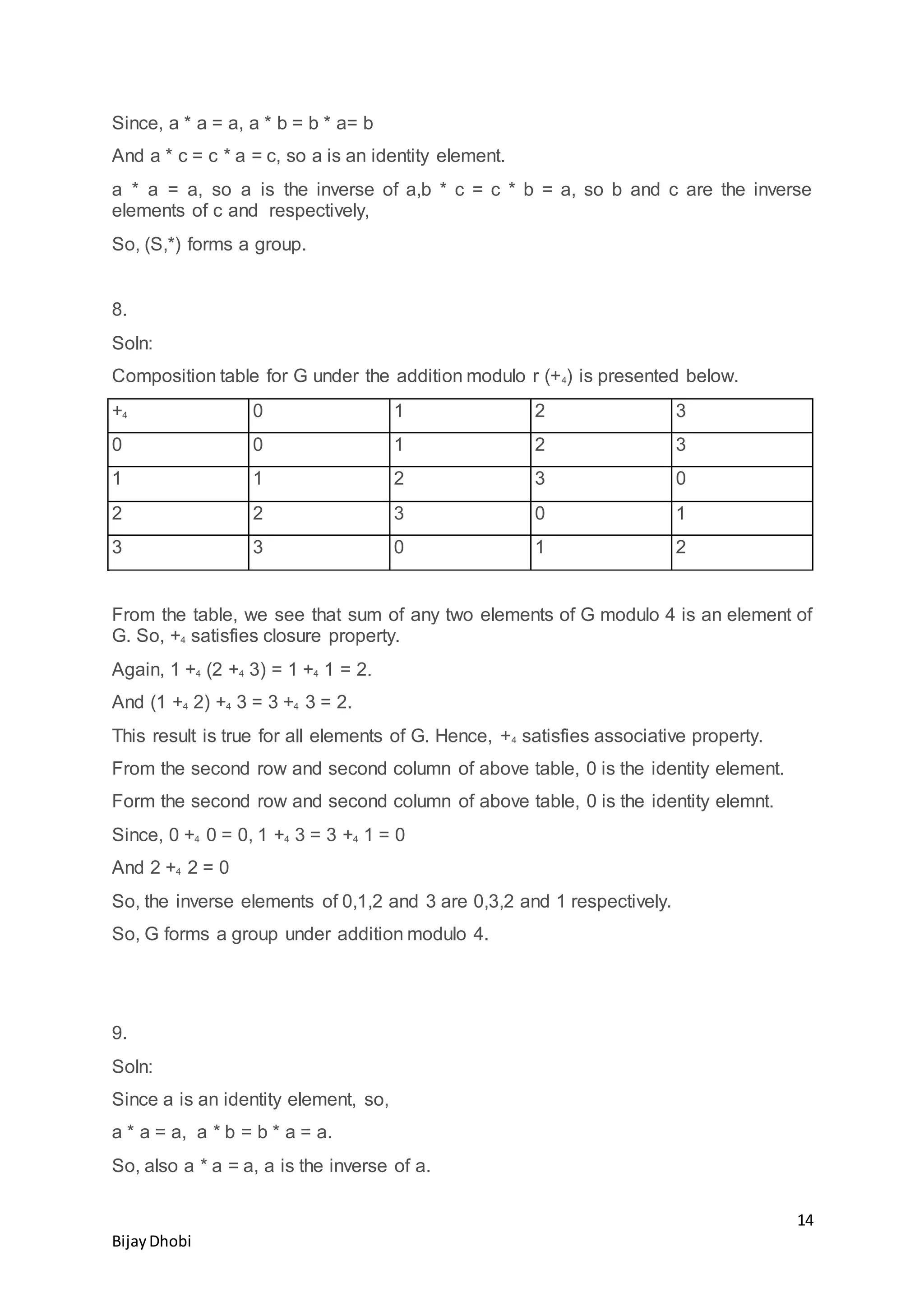14
BijayDhobi
Since, a * a = a, a * b = b * a= b
And a * c = c * a = c, so a is an identity element.
a * a = a, so a is the inverse of a,b * c = c * b = a, so b and c are the inverse
elements of c and respectively,
So, (S,*) forms a group.
8.
Soln:
Composition table for G under the addition modulo r (+4) is presented below.
+4 0 1 2 3
0 0 1 2 3
1 1 2 3 0
2 2 3 0 1
3 3 0 1 2
From the table, we see that sum of any two elements of G modulo 4 is an element of
G. So, +4 satisfies closure property.
Again, 1 +4 (2 +4 3) = 1 +4 1 = 2.
And (1 +4 2) +4 3 = 3 +4 3 = 2.
This result is true for all elements of G. Hence, +4 satisfies associative property.
From the second row and second column of above table, 0 is the identity element.
Form the second row and second column of above table, 0 is the identity elemnt.
Since, 0 +4 0 = 0, 1 +4 3 = 3 +4 1 = 0
And 2 +4 2 = 0
So, the inverse elements of 0,1,2 and 3 are 0,3,2 and 1 respectively.
So, G forms a group under addition modulo 4.
9.
Soln:
Since a is an identity element, so,
a * a = a, a * b = b * a = a.
So, also a * a = a, a is the inverse of a.
 