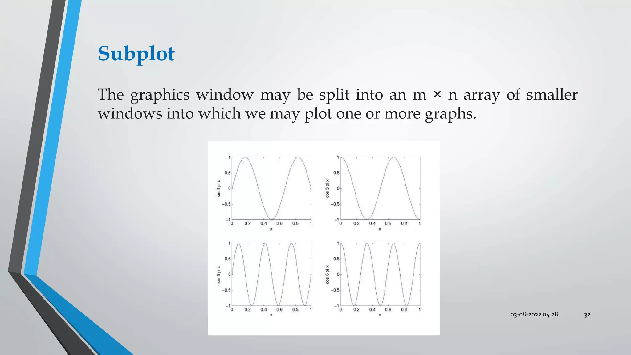 03-08-2022 04:28 32
Subplot
The graphics window may be split into an m × n array of smaller
windows into which we may plot one or more graphs.
 