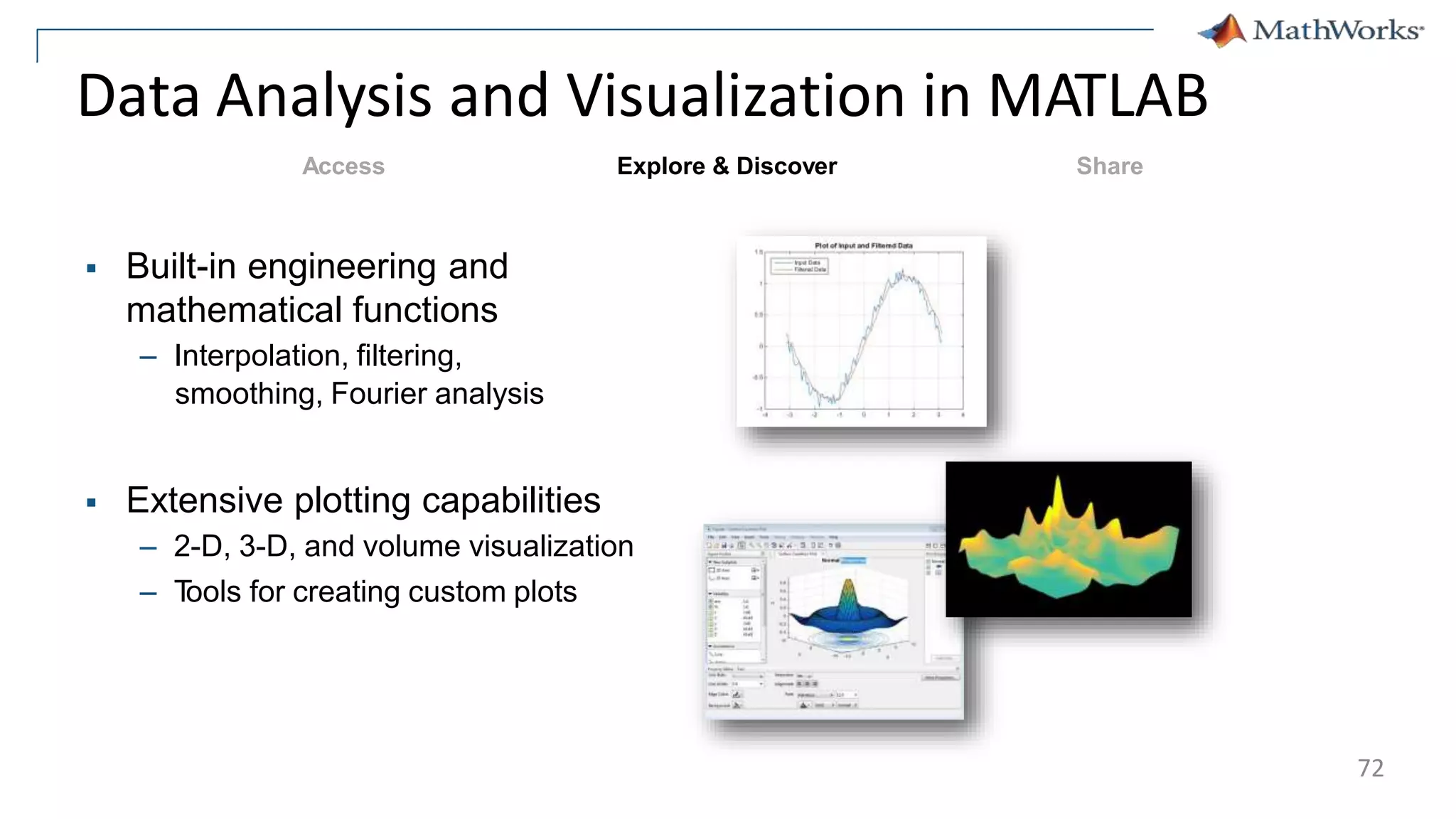 Data Analysis and Visualization in MATLAB
 Built-in engineering and
mathematical functions
– Interpolation, filtering,
smoothing, Fourier analysis
 Extensive plotting capabilities
– 2-D, 3-D, and volume visualization
– T
ools for creating custom plots
Explore & Discover Share
Access
72
 